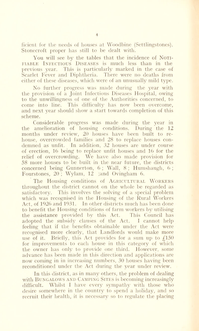 ficicnt for the needs of houses at Woodbine (Scttlingstoncs). Stonecroft proper lias still to be dealt with. You will see by the tables that the incidence of Noti- fiable Infectious Diseases is much less than in the previous year. This is particularly marked in the case of Scarlet Fever and Diphtheria. There were no deaths from either of these diseases, which were of an unusually mild type. No further progress was made during the year with the provision of a Joint Infectious Diseases Hospital, owing to the unwillingness of one of the Authorities concerned, to come into line. This difficulty has now been overcome, and next year should show a start towards completion of this scheme. Considerable progress was made during the year in the amelioration of housing conditions. During the 12 months under review, 20 houses have been built to re- house, overcrowded families and 28 to replace houses con- demned as unfit. In addition, 32 houses are under course of erection, 16 being to replace unfit houses and 16 for the relief of overcrowding. We have also made provision for 58 more houses to be built in the near future, the districts concerned being Gunnerton, 6 ; Wall, 8 ; Humshaugh, 6 ; Fourstones, 20 ; Wylam, 12 ;and Ovingham 6. The Housing conditions of Agricultural Workers throughout the district cannot on the whole be regarded as satisfactory. This involves the solving of a special problem which was recognised in the Housing of the Rural Workers Act, of 1026 and 1931. In other districts much has been done to benefit the Housing conditions of farm workers by utilising the assistance provided bv this Act. This Council has adopted the subsidy clauses of the Act. I cannot help feeling that if the benefits obtainable under the Act were recognised more clearly, that Landlords would make more use of it. Briefly, this Act provides for a sum up to £150 for improvements to each house in this category of which the owner has only to provide one third. However, some advance has been made in this direction and applications arc now coming in in increasing numbers, 30 houses having been reconditioned under the Act during the year under review. In this district, as in many others, the problem of dealing with Bungalows and Camping Sites is becoming increasingly difficult. Whilst I have every sympathy with those who desire somewhere in the country to spend a holiday, and so recruit their health, it is necessary so to regulate ihe placing