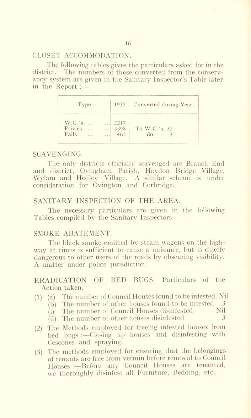 CLOSET ACCOMMODATION. The following tables gives the particulars asked for in the district. The numbers of those converted from the conserv- ancy system are given in the Sanitary Inspector’s Table later in the Report :— Type 1937 Converted during Year W.C.'s 2217 Privies ... 3398 To W.C.'s, 32 Pails 463 do. 3 SCAVENGING. The only districts officially scavenged are Branch End and district, Ovingham Parish, Haydon Bridge Village, Wylam and Hcdley Village. A similar scheme is under consideration for Ovington and Corbridge. SANITARY INSPECTION OF THE AREA. The necessary particulars are given in the following Tables compiled by the Sanitary Inspectors. SMOKE ABATEMENT. The black smoke emitted by steam wagons on the high- way at times is sufficient to cause a nuisance, but is chiefly dangerous to other users of the roads by obscuring visibility. A matter under police jurisdiction. ERADICATION OF BED BUGS. Particulars of the Action taken. (1) (a) The number of Council Houses found to be infested. Nil (b) The number of other houses found to be infested 3 (i) The number of Council Houses disinfested Nil (ii) The number of other houses disinfested 3 (2) The Methods employed for freeing infested houses from bed bugs :—Closing up houses and disinfesting with Cescones and spraying. (3) The methods employed for ensuring that the belongings of tenants are free from vermin before removal to Council Houses :—Before any Council Houses are tenanted, we thoroughly disinfest all Furniture, Bedding, etc.