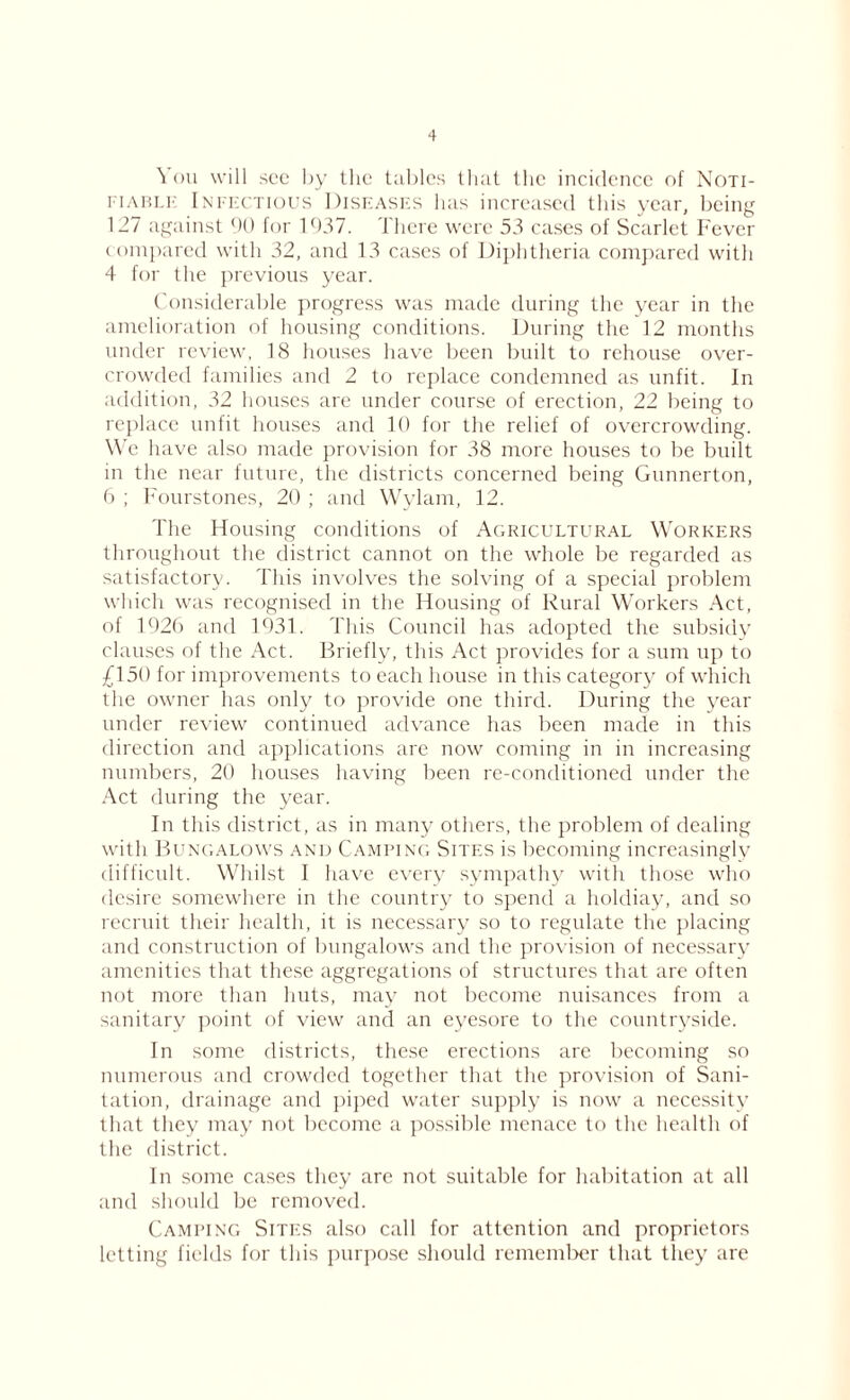 You will see by the tables that the incidence of Noti- fiable Infectious Diseases has increased this year, being 127 against 90 for 1937. There were 53 cases of Scarlet Fever compared with 32, and 13 cases of Diphtheria compared with 4 for the previous year. Considerable progress was made during the year in the amelioration of housing conditions. During the 12 months under review, 18 houses have been built to rehouse over- crowded families and 2 to replace condemned as unfit. In addition, 32 houses are under course of erection, 22 being to replace unfit houses and 10 for the relief of overcrowding. W e have also made provision for 38 more houses to be built in the near future, the districts concerned being Gunnerton, 6 ; Fourstones, 20 ; and Wylam, 12. The Housing conditions of Agricultural Workers throughout the district cannot on the whole be regarded as satisfactory. This involves the solving of a special problem which was recognised in the Housing of Rural Workers Act, of 1926 and 1931. This Council has adopted the subsidy clauses of the Act. Briefly, this Act provides for a sum up to £150 for improvements to each house in this category of which the owner has only to provide one third. During the year under review continued advance has been made in this direction and applications are now coming in in increasing numbers, 20 houses having been re-conditioned under the Act during the year. In this district, as in many others, the problem of dealing with Bungalows and Camping Sites is becoming increasingly difficult. Whilst I have every sympathy with those who desire somewhere in the country to spend a holdiay, and so recruit their health, it is necessary so to regulate the placing and construction of bungalows and the provision of necessary amenities that these aggregations of structures that are often not more than huts, may not become nuisances from a sanitary point of view and an eyesore to the countryside. In some districts, these erections are becoming so numerous and crowded together that the provision of Sani- tation, drainage and piped water supply is now a necessity that they may not become a possible menace to the health of the district. In some cases they are not suitable for habitation at all and should be removed. Camping Sites also call for attention and proprietors letting fields for this purpose should remember that they are