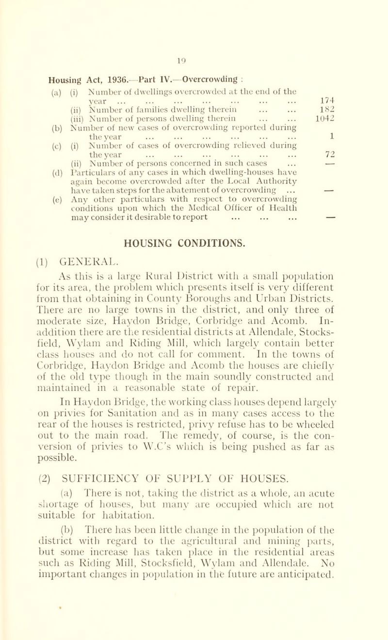 Housing Act, 1936.—Part IV.—Overcrowding : (a) (i) Number of dwellings overcrowded at the end of the year ... ... ... ... ••• ••• ... 174 (ii) Number of families dwelling therein ... ... 182 (iii) Number of persons dwelling therein ... ... 1042 (b) Number of new cases of overcrowding reported during the year ... ... ... ... ... ... 1 (c) (i) Number of cases of overcrowding relieved during the year ... ... ... ... ... ... 72 (ii) Number of persons concerned in such cases ... — (d) Particulars of any cases in which dwelling-houses have again become overcrowded after the Local Authority have taken steps for the abatement of overcrowding ... — (e) Any other particulars with respect to overcrowding conditions upon which the Medical Officer of Health may consider it desirable to report ... ... ... — HOUSING CONDITIONS. (1) GENERAL. As this is a large Rural District with a small population for its area, the problem which presents itself is very different from that obtaining in County Boroughs and Urban Districts. There are no large towns in the district, and only three of moderate size, Haydon Bridge, Corbridge and Acomb. In- addition there are the residential districts at Allendale, Stocks- field, Wylam and Riding Mill, which largely contain better class houses and do not call for comment. In the towns of Corbridge, Haydon Bridge and Acomb the houses are chiefly of the old type though in the main soundly constructed and maintained in a reasonable state of repair. In Haydon Bridge, the working class houses depend largely on privies for Sanitation and as in many cases access to the rear of the houses is restricted, privy refuse has to be wheeled out to the main road. The remedy, of course, is the con- version of privies to W.C’s which is being pushed as far as possible. (2) SUFFICIENCY OF SUPPLY OF HOUSES. (a) There is not, taking the district as a whole, an acute shortage of houses, but many are occupied which are not suitable for habitation. (b) There has been little change in the population of the district with regard to the agricultural and mining parts, but some increase has taken place in the residential areas such as Riding Mill, Stocksfield, Wylam and Allendale. No important changes in population in the future are anticipated.