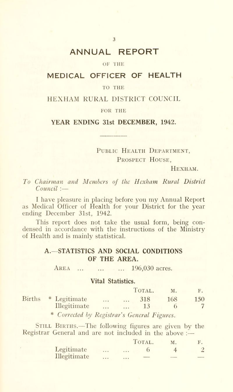 ANNUAL REPORT OF THE MEDICAL OFFICER OF HEALTH TO THE HEXHAM RURAL DISTRICT COUNCIL FOR THE YEAR ENDING 31st DECEMBER, 1942. Public Health Department, Prospect House, Hexham. To Chairman and Members of the Hexham Rural District Council :— I have pleasure in placing before you my Annual Report as Medical Officer of Health for your District for the year ending December 31st, 1942. This report does not take the usual form, being con- densed in accordance with the instructions of the Ministry of Health and is mainly statistical. A.—STATISTICS AND SOCIAL CONDITIONS OF THE AREA. Area ... ... ... 196,030 acres. Vital Statistics. Total. m. f. Births * Legitimate ... ... 318 168 150 Illegitimate ... ... 13 6 7 * Corrected by Registrar’s General Figures. Still Births.—The following figures are given by the Registrar General and are not included in the above :— Total. m. f. Legitimate ... ... 6 4 2 Illegitimate ... ... —