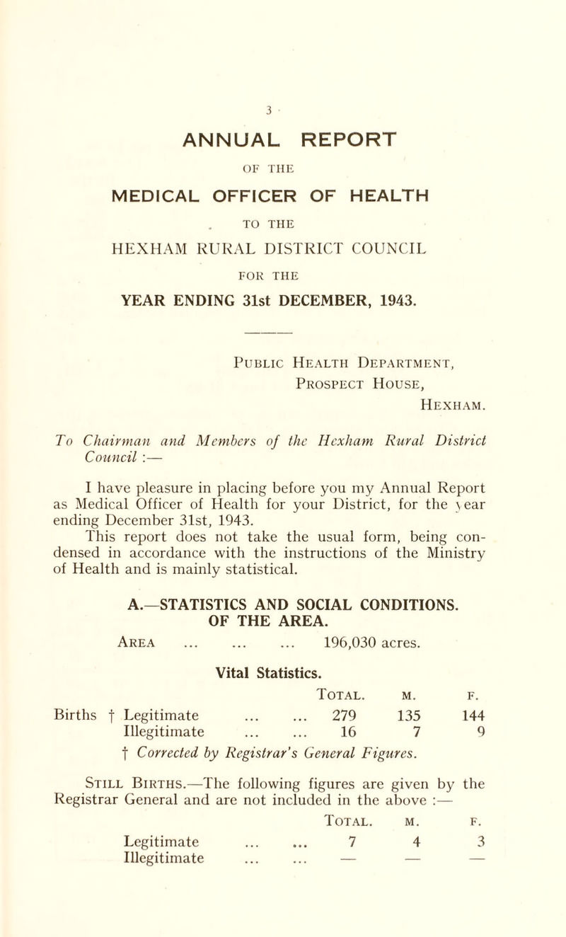 ANNUAL REPORT OF THE MEDICAL OFFICER OF HEALTH TO THE HEXHAM RURAL DISTRICT COUNCIL FOR THE YEAR ENDING 31st DECEMBER, 1943. Public Health Department, Prospect House, Hexham. To Chairman and Members of the Hexham Rural District Council:— I have pleasure in placing before you my Annual Report as Medical Officer of Health for your District, for the year ending December 31st, 1943. This report does not take the usual form, being con- densed in accordance with the instructions of the Ministry of Health and is mainly statistical. A.—STATISTICS AND SOCIAL CONDITIONS. OF THE AREA. Area ... ... ... 196,030 acres. Vital Statistics. Total. m. f. Births j Legitimate ... ... 279 135 144 Illegitimate ... ... 16 7 9 f Corrected by Registrar’s General Figures. Still Births.—The following figures are given by the Registrar General and are not included in the above :— Total. m. f. Legitimate 7 4 3 Illegitimate ... ... —