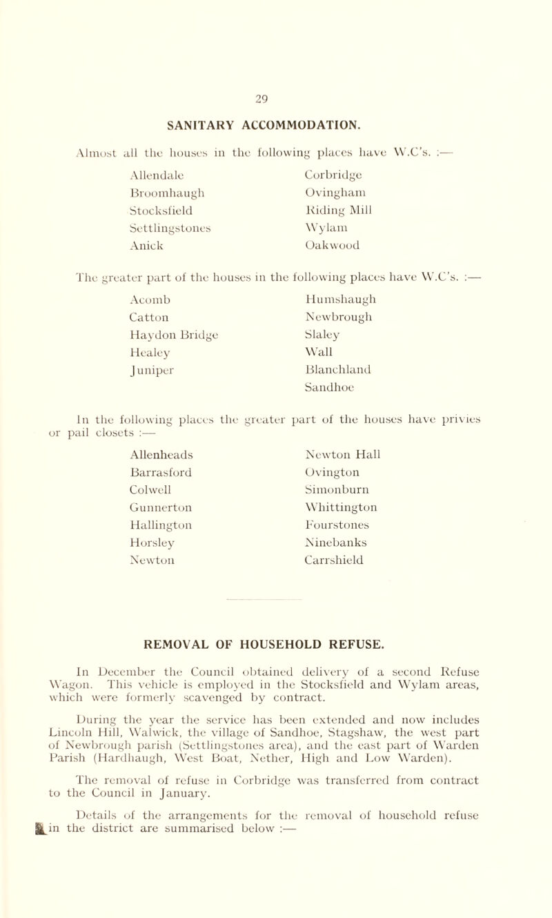 SANITARY ACCOMMODATION. \lmost all the houses in the following places have VV.C’s. :■— Allendale Broomhaugh Stocksi'ield Settlingstones Anick The greater part of the houses in Acomb Catton Haydon Bridge Healey J uniper Corbridge Ovingham Riding Mill Wylam Oakwood the following places have W.C’s. :— Humshaugh Newbrough Slaley Wall Blanchland Sandhoe in the following places the greater part of the houses have privies or pail closets :— Allenheads Barrasford Colwell Gunnerton Hallington Horsley Newton Newton Hall Ovington Simonburn Whittington Fourstones Ninebanks Carrshield REMOVAL OF HOUSEHOLD REFUSE. In December the Council obtained delivery of a second Refuse Wagon. This vehicle is employed in the Stocksfield and Wylam areas, which were formerly scavenged by contract. During the year the service has been extended and now includes Lincoln Hill, Walwick, the village of Sandhoe, Stagshaw, the west part of Newbrough parish (Settlingstones area), and the east part of Warden Parish (Hardliaugh, West Boat, Nether, High and Low Warden). The removal of refuse in Corbridge was transferred from contract to the Council in January. Details of the arrangements for the removal of household refuse jjL in the district are summarised below :—