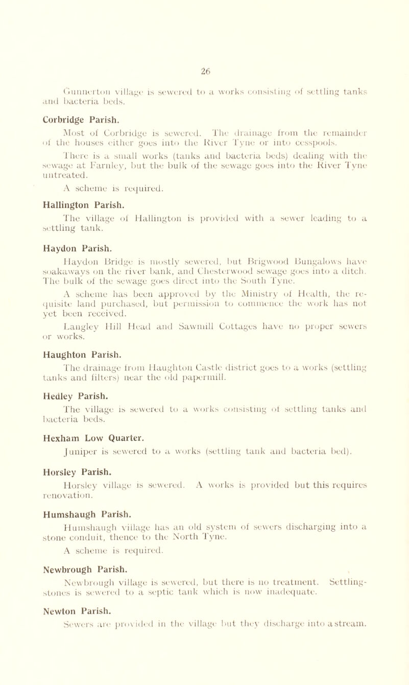 Gunnerton village is sewered to a works consisting of settling tanks and bacteria beds. Corbridge Parish. Most of Corbridge is sewered. The drainage from the remainder of the houses either goes into the River 1 yne or into cesspools. 1 here is a small works (tanks and bacteria beds) dealing with the sewage at Farnley, but the bulk of the sewage goes into the River Tvne untreated. A scheme is required. Hallington Parish. The village of Hallington is provided with a sewer leading to a settling tank. Haydon Parish. Haydon Bridge is mostly sewered, but Brig wood Bungalows have soakaways on the river bank, and Chesterwood sewage goes into a ditch. The bulk of the sewage goes direct into the South Tyne. A scheme has been approved by' the Ministry of Health, the re- quisite land purchased, but permission to commence the work lias not yet been received. Langley Hill Head and Sawmill Cottages have no proper sewers or works. Haughton Parish. The drainage from Haughton Castle district goes to a works (settling tanks and filters) near the old papermill. Hedley Parish. The village is sewered to a works consisting of settling tanks and bacteria beds. Hexham Low Quarter. Juniper is sewered to a works (settling tank and bacteria bed). Horsley Parish. Horsley village is sewered. A works is provided but this requires renovation. Humshaugh Parish. Humshaugh village has an old system of sewers discharging into a stone conduit, thence to tin North Tyne. A scheme is required. Newbrough Parish. Newbrough village is sewered, but there is no treatment. Settling- stones is sewered to a septic tank which is now inadequate. Newton Parish. Sewers are provided in the village but they discharge into a stream.