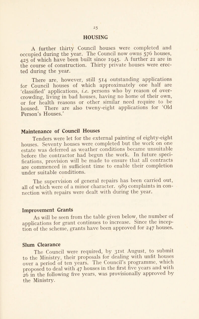 HOUSING A further thirty Council houses were completed and occupied during the year. The Council now owns 576 houses, 425 of which have been built since 1945. A further 21 are in the course of construction. Thirty private houses were erec- ted during the year. There are, however, still 514 outstanding applications for Council houses of which approximately one half are ‘classified’ applications, i.e. persons who by reason of over- crowding, living in bad houses, having no home of their own, or for health reasons or other similar need require to be housed. There are also tweny-eight applications for ‘Old Person’s Houses.’ Maintenance of Council Houses Tenders were let for the external painting of eighty-eight houses. Seventy houses were completed but the work on one estate was deferred as weather conditions became unsuitable before the contractor had begun the work. In future speci- fications, provision will be made to ensure that all contracts are commenced in sufficient time to enable their completion under suitable conditions. The supervision of general repairs has been carried out, all of which were of a minor character. 989 complaints in con- nection with repairs were dealt with during the year. Improvement Grants As will be seen from the table given below, the number of applications for grant continues to increase. Since the incep- tion of the scheme, grants have been approved for 247 houses. Slum Clearance The Council were required, by 31st August, to submit to the Ministry, their proposals for dealing with unfit houses over a period of ten years. The Council’s programme, which proposed to deal with 47 houses in the first five years and with 26 in the following five years, was provisionally approved by the Ministry.