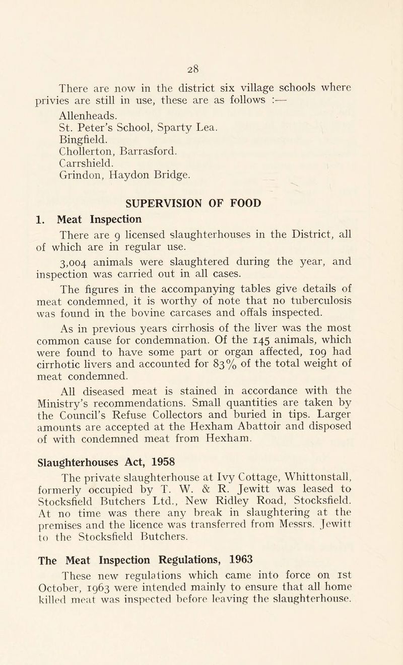 There are now in the district six village schools where privies are still in use, these are as follows :— Allenheads. St. Peter’s School, Sparty Lea. Bingfield. Chollerton, Barrasford. Carrshield. Grindon, Hay don Bridge. SUPERVISION OF FOOD 1. Meat Inspection There are 9 licensed slaughterhouses in the District, all of which are in regular use. 3,004 animals were slaughtered during the year, and inspection was carried out in all cases. The figures in the accompanying tables give details of meat condemned, it is worthy of note that no tuberculosis was found in the bovine carcases and offals inspected. As in previous years cirrhosis of the liver was the most common cause for condemnation. Of the 145 animals, which were found to have some part or organ affected, 109 had cirrhotic livers and accounted for 83% of the total weight of meat condemned. All diseased meat is stained in accordance with the Ministry’s recommendations. Small quantities are taken by the Council’s Refuse Collectors and buried in tips. Larger amounts are accepted at the Hexham Abattoir and disposed of with condemned meat from Hexham. Slaughterhouses Act, 1958 The private slaughterhouse at Ivy Cottage, Whittonstall, formerly occupied by T. W. & R. Jewitt was leased to Stocksfield Butchers Ltd., New Ridley Road, Stocksfield. At no time was there any break in slaughtering at the premises and the licence was transferred from Messrs. Jewitt to the Stocksfield Butchers. The Meat Inspection Regulations, 1963 These new regulations which came into force on 1st October, 1963 were intended mainly to ensure that all home killed meat was inspected before leaving the slaughterhouse.