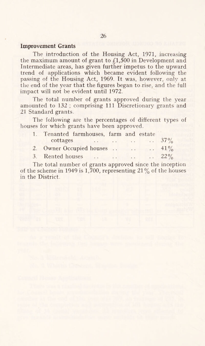Improvement Grants The introduction of the Housing Act, 1971, increasing the maximum amount of grant to £1,500 in Development and Intermediate areas, has given further impetus to the upward trend of applications which became evident following the passing of the Housing Act, 1969. It was, however, only at the end of the year that the figures began to rise, and the full impact will not be evident until 1972. The total number of grants approved during the year amounted to 132 ; comprising 111 Discretionary grants and 21 Standard grants. The following are the percentages of different types of houses for which grants have been approved. 1. Tenanted farmhouses, farm and estate cottages . . . . . . . . 37% 2. Owner Occupied houses . . . . . . 41% 3. Rented houses . . . . . . . . 22% The total number of grants approved since the inception of the scheme in 1949 is 1,700, representing 21% of the houses in the District.