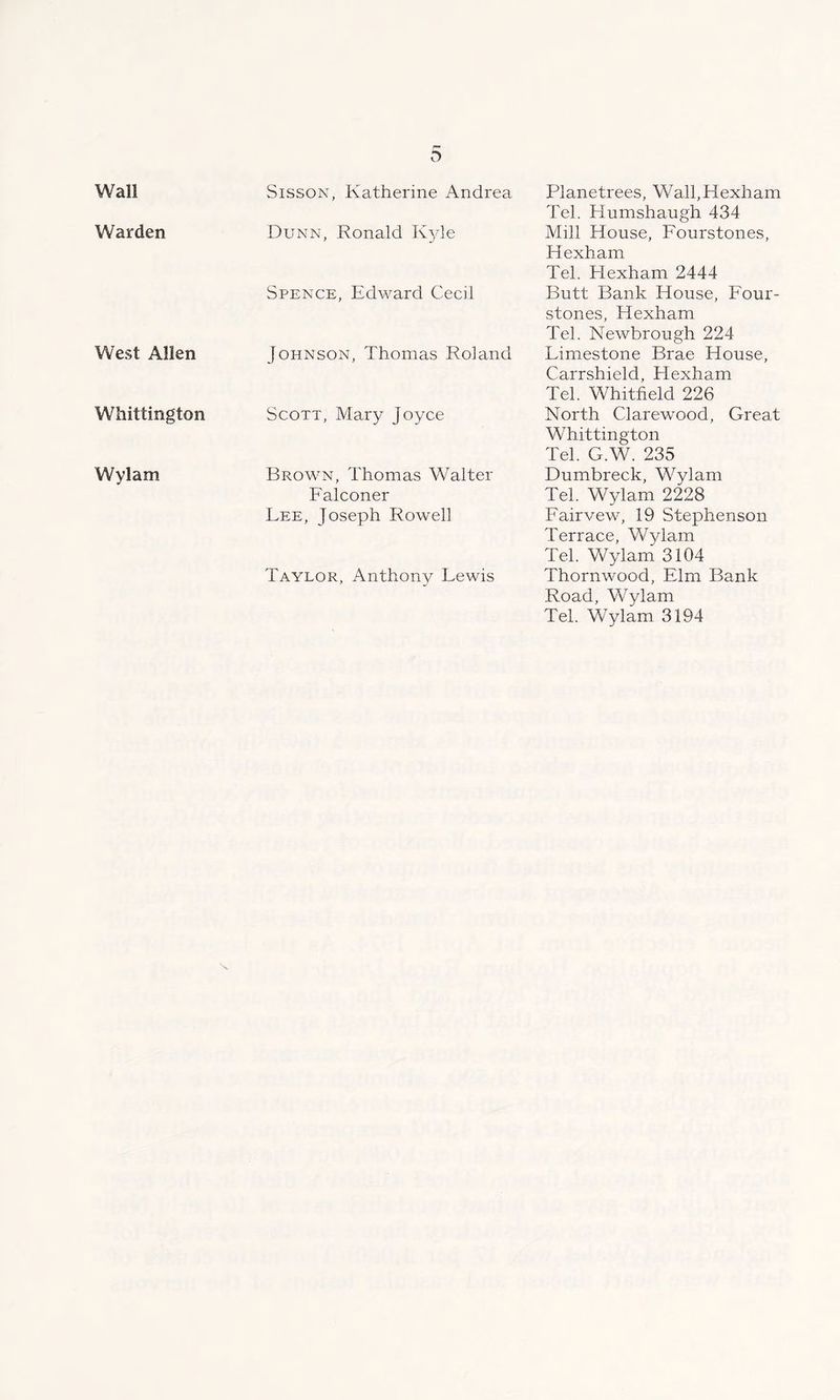 Wall Warden West Allen Whittington Wylam Sisson, Katherine Andrea Dunn, Ronald Kyle Spence, Edward Cecil Johnson, Thomas Roland Scott, Mary Joyce Brown, Thomas Walter Falconer Lee, Joseph Rowell Taylor, Anthony Lewis Planetrees, Wall, Hexham Tel. Humshaugh 434 Mill House, Fourstones, Hexham Tel. Hexham 2444 Butt Bank House, Four- stones, Hexham Tel. Newbrough 224 Limestone Brae House, Carrshield, Hexham Tel. Whitfield 226 North Clarewood, Great Whittington Tel. G.W. 235 Dumbreck, Wylam Tel. Wylam 2228 Fairvew, 19 Stephenson Terrace, Wylam Tel. Wylam 3104 Thornwood, Elm Bank Road, Wylam Tel. Wylam 3194