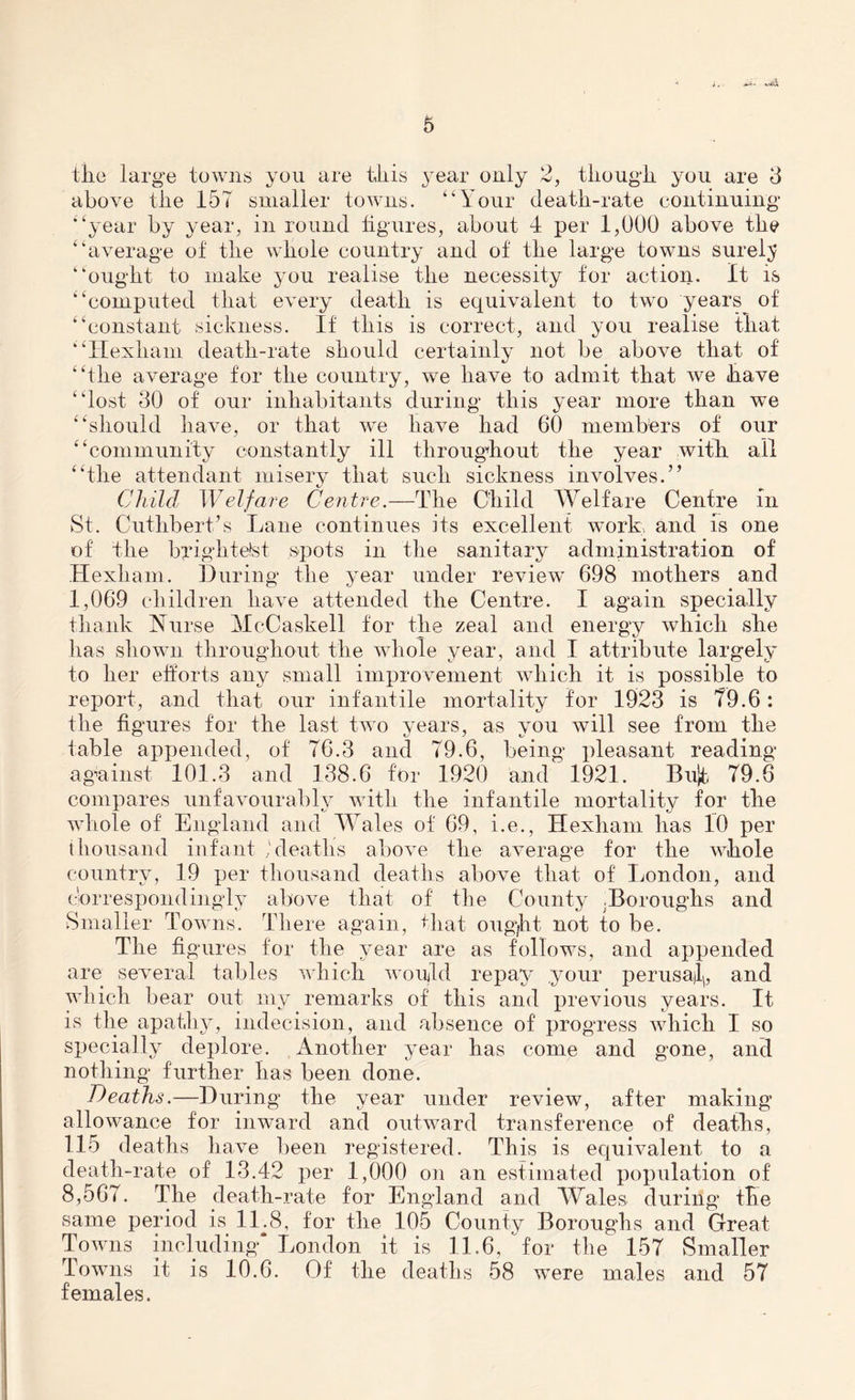 the large towns you are this year only 2, though you are 3 above the 157 smaller towns. “Your death-rate continuing “year by year, in round figures, about 4 per 1,000 above the “average of the whole country and of the large towns surely “ought to make you realise the necessity for action. It is “computed that every death is equivalent to two years of “constant sickness. If this is correct, and you realise that “Hexham death-rate should certainly not be above that of “the average for the country, we have to admit that we have “lost 30 of our inhabitants during this year more than we “should have, or that we have had 60 members of our “community constantly ill throughout the year with all “the attendant misery that such sickness involves.’’ Child Welfare Centre.—The Child Welfare Centre in St. Cuthbert’s Lane continues its excellent, work, and is one of the bylghtetet spots in the sanitary administration of Hexham. During the year under review 698 mothers and 1,069 children have attended the Centre. I again specially thank Nurse McCaskell for the zeal and energy which she has shown throughout the whole year, and I attribute largely to her efforts any small improvement which it is possible to report, and that our infantile mortality for 1923 is 79.6: the figures for the last two years, as you will see from the table appended, of 76.3 and 79.6, being pleasant reading against 101.3 and 138.6 for 1920 and 1921. Bu}t 79.6 compares unfavourably with the infantile mortality for the whole of England and Wales of 69, i.e., Hexham has 10 per thousand infant deaths above the average for the whole country, 19 per thousand deaths above that of London, and correspondingly above that of the County .Boroughs and Smaller Towns. There again, that ought not to be. The figures for the year are as follows, and appended are several tables which would repay your perusal,, and which bear out my remarks of this and previous years. It is the apathy, indecision, and absence of progress which I so specially deplore. Another year has come and gone, and nothing* further has been done. Deaths.—During the year under review, after making allowance for inward and outward transference of deaths, 115 deaths have been registered. This is equivalent to a death-rate of 13.42 per 1,000 on an estimated population of 8,567. The death-rate for England and Wales during the same period is 11.8, for the 105 County Boroughs and Great Towns including* London it is 11.6, for the 157 Smaller Towns it is 10.6. Of the deaths 58 were males and 57 females.