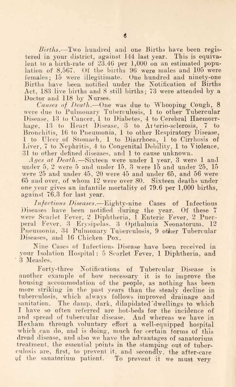 Births.—Two hundred and one Births have been regis- tered in your district, against 144 last year. This is equiva- lent to a birth-rate of 213.4G per 1,000 on an estimated popu- lation of 8,567. Of the births 96 were males and 105 were females; 15 were illegitimate. One hundred and ninety-one Births have been notified under the Notification of Births Act, 183 live births and 8 still births; 73 were attended by a Doctor and 118 by Nurses. Causes of Death.—One was due to Whooping Cough, 8 were due to Pulmonary Tuberculosis, 1 to other Tubercular Disease, 13 to Cancer, 1 to Diabetes, 4 to Cerebral Haemorr- hage, 13 to Heart Disease, 3 to Aiterio-selerosis, 7 to Bronchitis, 16 to Pneumonia, 1 to other Respiratory Disease, 1 to Ulcer of Stomach, 1 to Diarrhoea, 1 to Cirrhosis of Liver, 7 to Nephritis, 4 to Congenital Debility, 1 to Violence, 31 to other defined diseases, and 1 to cause unknown. Ages at Death.—Sixteen were under 1 year, 3 were 1 and under 5, 2 were 5 and under 15, 3 were 15 and under 25, 15 were 25 and under 45, 20 were 45 and under 65, and 56 were 65 and over, of whom 12 were over 80. Sixteen deaths under one year gives an infantile mortality of 79.6 per 1,000 births, against 76.3 for last year. Infectious Diseases.—Eighty-nine Cases of Infectious Diseases have been notified •luring' the year. Of these 7 were Scarlet Fever, 2 Diphtheria, 1 Enteric Fever, 2 Puer- peral Fever, 3 Erysipelas, 3 Opthalmia Neonatorum, 12 Pneumonia, 34 Pulmonary Tuberculosis, 9 other Tubercular Diseases, and 16 Chicken Pox. Nine Cases of Infectious Disease have been received in your Isolation Hospital: 5 Scarlet Fever, 1 Diphtheria, and 3 Measles. Forty-three Notifications of Tubercular Disease is another example of how necessary it is to improve the housing accommodation of the people, as nothing has been more striking in the past years than the steady decline in tuberculosis, which always follows improved drainage and sanitation. The damp, dark, dilapidated dwelling's to which I have so often referred are hot-beds for the incidence of and spread of tubercular disease. And whereas we have in Hexham through voluntary effort a well-equipped hospital which can do, and is doing, much for certain forms of this dread disease, and also we have the advantages of sanatorium treatment, the essential points in the stamping out of tuber- culosis are, first, to prevent it, and secondly, the after-care Of the sanatorium patient. To prevent it we must very