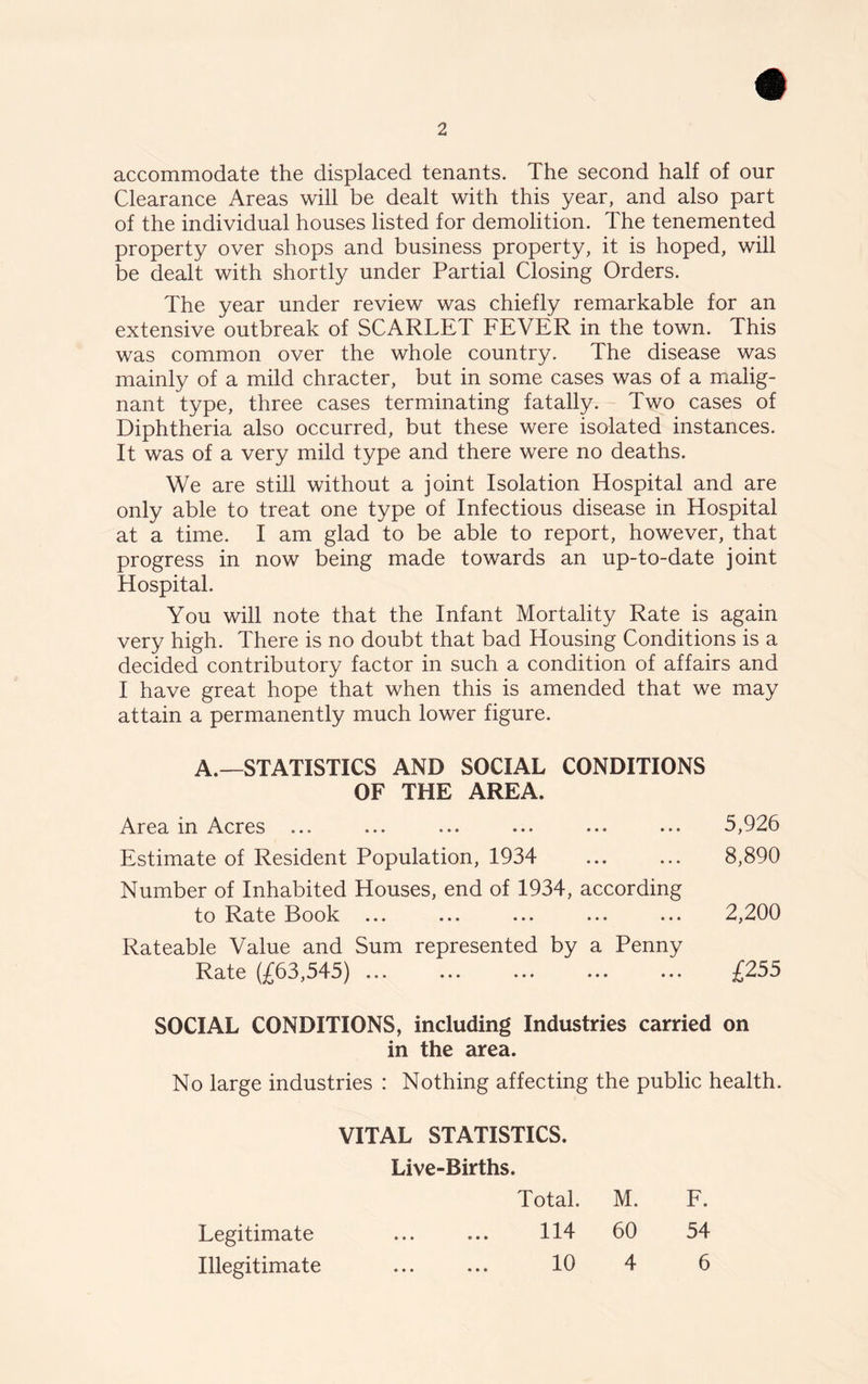 accommodate the displaced tenants. The second half of our Clearance Areas will be dealt with this year, and also part of the individual houses listed for demolition. The tenemented property over shops and business property, it is hoped, will be dealt with shortly under Partial Closing Orders. The year under review was chiefly remarkable for an extensive outbreak of SCARLET FEVER in the town. This was common over the whole country. The disease was mainly of a mild chracter, but in some cases was of a malig- nant type, three cases terminating fatally. Two cases of Diphtheria also occurred, but these were isolated instances. It was of a very mild type and there were no deaths. We are still without a joint Isolation Hospital and are only able to treat one type of Infectious disease in Hospital at a time. I am glad to be able to report, however, that progress in now being made towards an up-to-date joint Hospital. You will note that the Infant Mortality Rate is again very high. There is no doubt that bad Housing Conditions is a decided contributory factor in such a condition of affairs and I have great hope that when this is amended that we may attain a permanently much lower figure. A.—STATISTICS AND SOCIAL CONDITIONS OF THE AREA. Area in Acres ... ... ... ... ... ... 5,926 Estimate of Resident Population, 1934 ... ... 8,890 Number of Inhabited Houses, end of 1934, according to Rate Book ... ... ... ... ... 2,200 Rateable Value and Sum represented by a Penny Rate (£63,545) ... ... ... ... ... £255 SOCIAL CONDITIONS, including Industries carried on in the area. No large industries : Nothing affecting the public health. VITAL STATISTICS. Live-Births. Total. M. F. Legitimate ... ... 114 60 54 Illegitimate ... ... 10 4 6