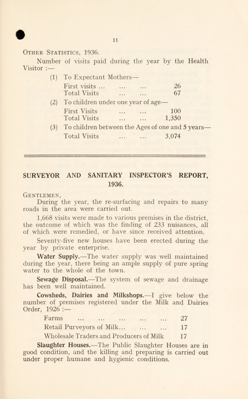 Other Statistics, 1936. Number of visits paid during the year by the Health Visitor :— (1) To Expectant Mothers— First visits ... 26 Total Visits 67 (2) To children under one year of age- First Visits 100 Total Visits 1,350 (3) To children between the Ages of one and 5 years Total Visits 3,074 SURVEYOR AND SANITARY INSPECTOR’S REPORT, 1936. Gentlemen, During the year, the re-surfacing and repairs to many roads in the area were carried out. 1,668 visits were made to various premises in the district, the outcome of which was the finding of 233 nuisances, all of which were remedied, or have since received attention. Seventy-five new houses have been erected during the year by private enterprise. Water Supply.—The water supply was well maintained during the year, there being an ample supply of pure spring water to the whole of the town. Sewage Disposal.—The system of sewage and drainage has been well maintained. Cowsheds, Dairies and Milkshops.—I give below the number of premises registered under the Milk and Dairies Order, 1926 :— Farms ... ... ... ... ... 27 Retail Purveyors of Milk... ... ... 17 Wholesale Traders and Producers of Milk 17 Slaughter Houses.—The Public Slaughter Houses are in good condition, and the killing and preparing is carried out under proper humane and hygienic conditions.