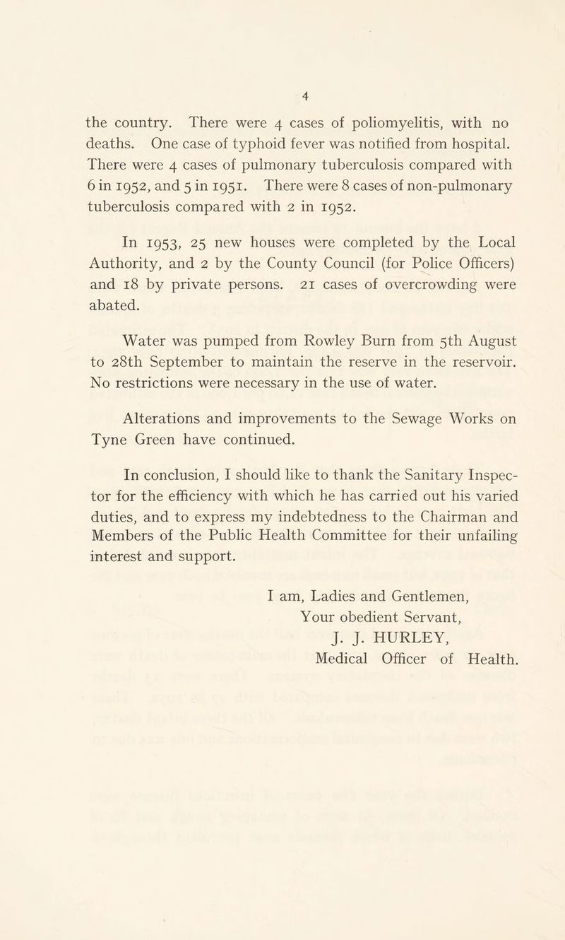the country. There were 4 cases of poliomyelitis, with no deaths. One case of typhoid fever was notified from hospital. There were 4 cases of pulmonary tuberculosis compared with 6 in 1952, and 5 in 1951. There were 8 cases of non-pulmonary tuberculosis compared with 2 in 1952. In 1953, 25 new houses were completed by the Local Authority, and 2 by the County Council (for Police Officers) and 18 by private persons. 21 cases of overcrowding were abated. Water was pumped from Rowley Burn from 5th August to 28th September to maintain the reserve in the reservoir. No restrictions were necessary in the use of water. Alterations and improvements to the Sewage Works on Tyne Green have continued. In conclusion, I should like to thank the Sanitary Inspec- tor for the efficiency with which he has carried out his varied duties, and to express my indebtedness to the Chairman and Members of the Public Health Committee for their unfailing interest and support. I am, Ladies and Gentlemen, Your obedient Servant, J. J. HURLEY,