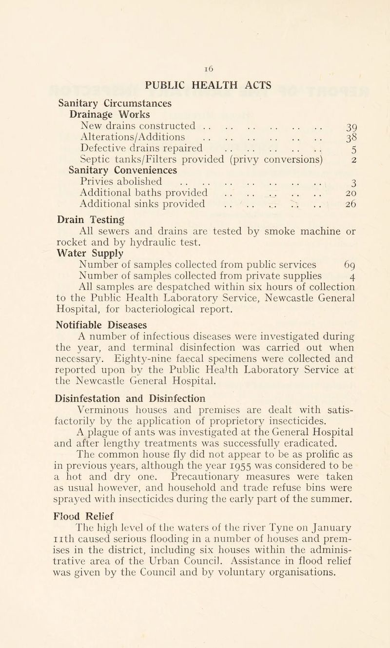 PUBLIC HEALTH ACTS Sanitary Circumstances Drainage Works New drains constructed 39 Alterations/Additions 38 Defective drains repaired 5 Septic tanks/Filters provided (privy conversions) 2 Sanitary Conveniences Privies abolished 3 Additional baths provided 20 Additional sinks provided . . . . 26 Drain Testing All sewers and drains are tested by smoke machine or rocket and by hydraulic test. Water Supply Number of samples collected from public services 69 Number of samples collected from private supplies 4 All samples are despatched within six hours of collection to the Public Health Laboratory Service, Newcastle Genera] Hospital, for bacteriological report. Notifiable Diseases A number of infectious diseases were investigated during the year, and terminal disinfection was carried out when necessary. Eighty-nine faecal specimens were collected and reported upon by the Public Health Laboratory Service at the Newcastle General Hospital. Disinfestation and Disinfection Verminous houses and premises are dealt with satis- factorily by the application of proprietory insecticides. A plague of ants was investigated at the General Hospital and after lengthy treatments was successfully eradicated. The common house fly did not appear to be as prolific as in previous years, although the year 1955 was considered to be a hot and dry one. Precautionary measures were taken as usual however, and household and trade refuse bins were sprayed with insecticides during the early part of the summer. Flood Relief The high level of the waters of the river Tyne on January nth caused serious flooding in a number of houses and prem- ises in the district, including six houses within the adminis- trative area of the Urban Council. Assistance in flood relief was given by the Council and by voluntary organisations.