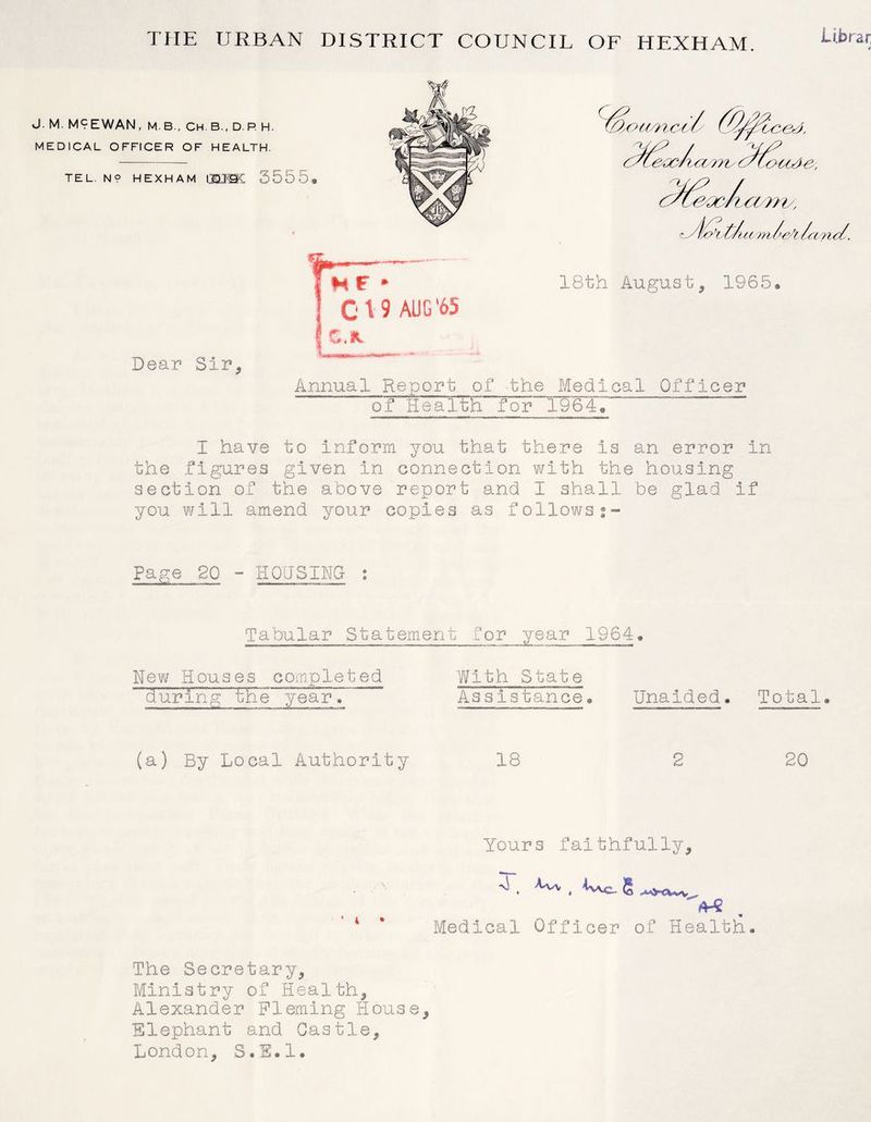 Li.brat J. M. M9EWAN , M B., Ch. B..D.P.H. MEDICAL OFFICER OF HEALTH. TEL. N? HEXHAM CSMl 355 5* Dear Sir, H€ * C V 9 AUG '65 n ’# S>. *v 18th August, 1965. Annual Report of the Medical Officer of Health for 1964*  ~ I have to inform you that there is an error in the figures given in connection with the housing section of the above report and I shall be glad if you will amend your copies as follows Page 20 SING * * Tabular Statement for year 1964* New Houses completed With State during the year/ Assistance. Unaided* Total. (a) By Local Authority 18 2 20 Yours faithfully, A , > kvo. § ,^Wv „ 4 * Medical Officer of Health. The Secretary, Ministry of Health, Alexander Fleming House, Elephant and Castle, London, S.1.1.