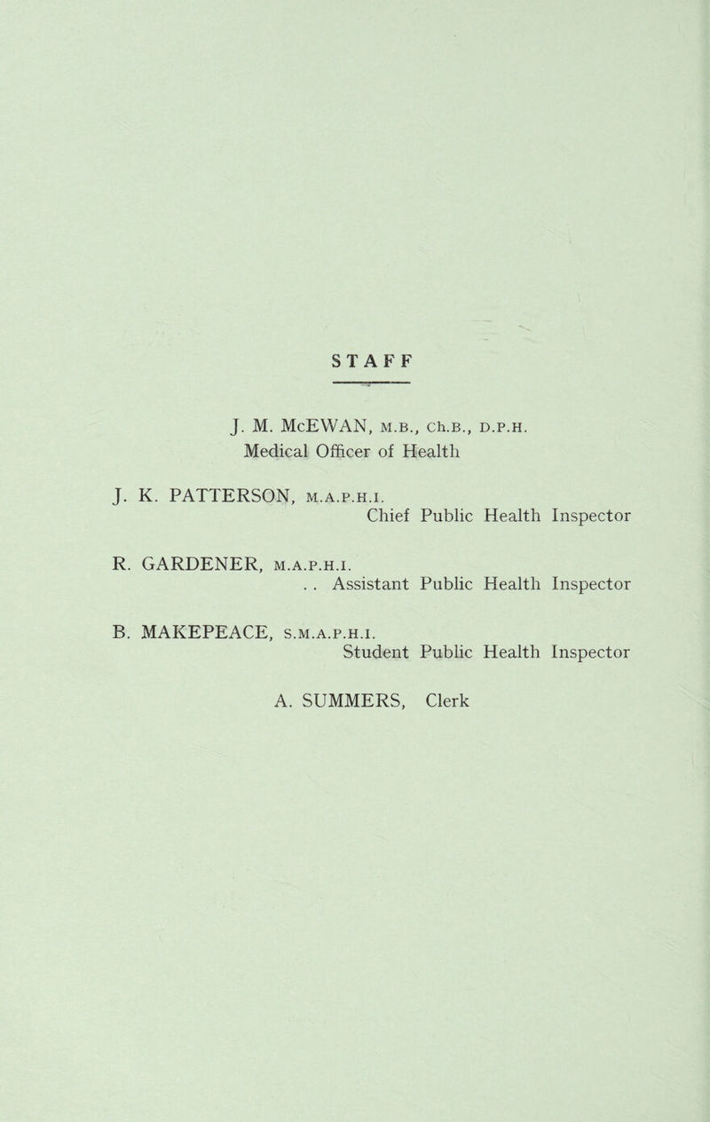 STAFF J. M. McEWAN, M.B., Ch.B., D.P.H. Medical Officer of Health J. K. PATTERSON, m.a.p.h.i. Chief Public Health Inspector R. GARDENER, m.a.p.h.i. . . Assistant Public Health Inspector B. MAKEPEACE, s.m.a.p.h.i. Student Public Health Inspector A. SUMMERS, Clerk