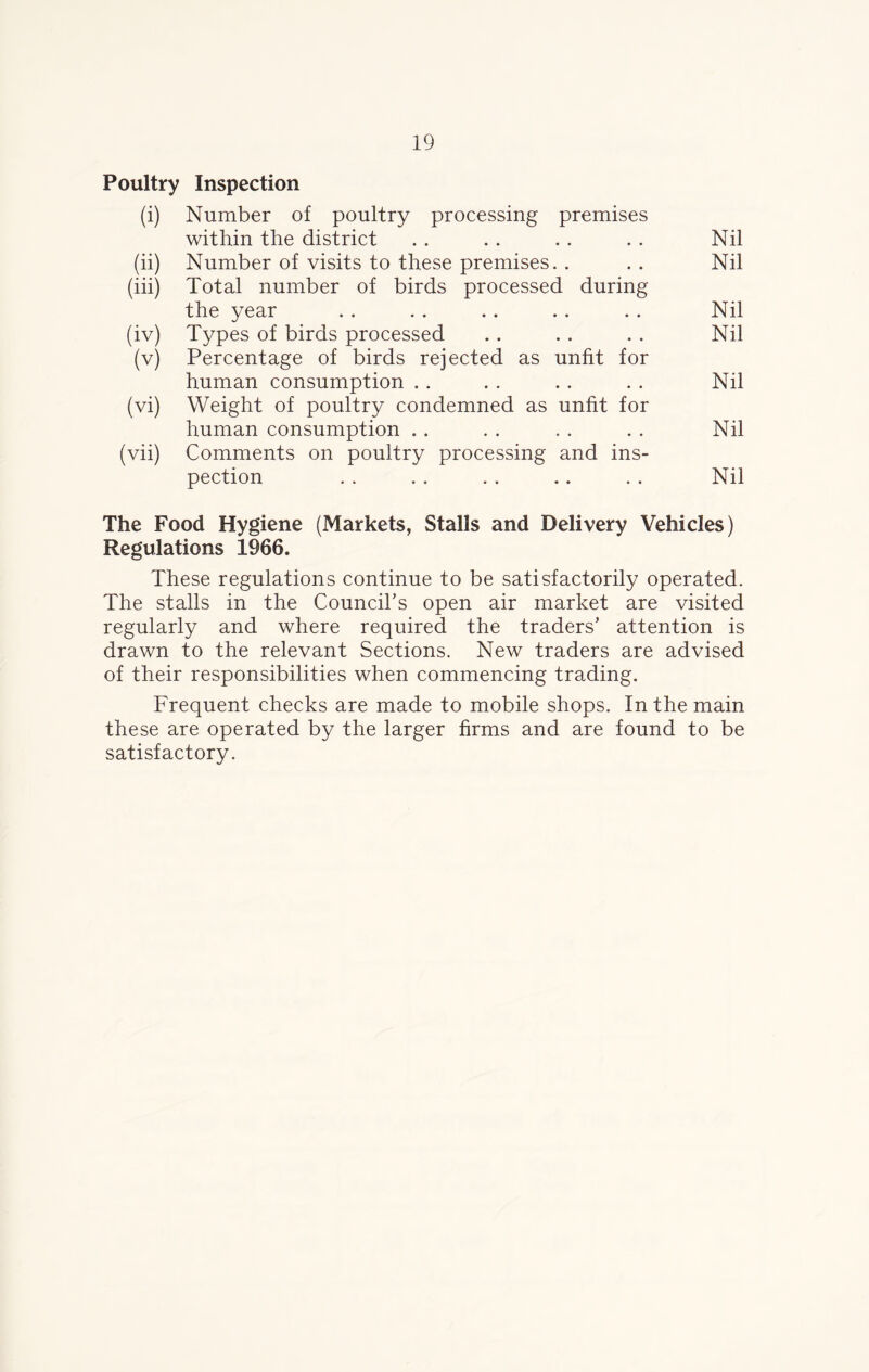 Poultry Inspection (i) Number of poultry processing premises within the district . . . . . . . . Nil (ii) Number of visits to these premises.. . . Nil (iii) Total number of birds processed during the year . . .. .. . . .. Nil (iv) Types of birds processed . . . . . . Nil (v) Percentage of birds rejected as unfit for human consumption . . . . . . . . Nil (vi) Weight of poultry condemned as unfit for human consumption . . . . . . . . Nil (vii) Comments on poultry processing and ins- pection . . . . . . .. . . Nil The Food Hygiene (Markets, Stalls and Delivery Vehicles) Regulations 1966. These regulations continue to be satisfactorily operated. The stalls in the Council’s open air market are visited regularly and where required the traders’ attention is drawn to the relevant Sections. New traders are advised of their responsibilities when commencing trading. Frequent checks are made to mobile shops. In the main these are operated by the larger firms and are found to be satisfactory.