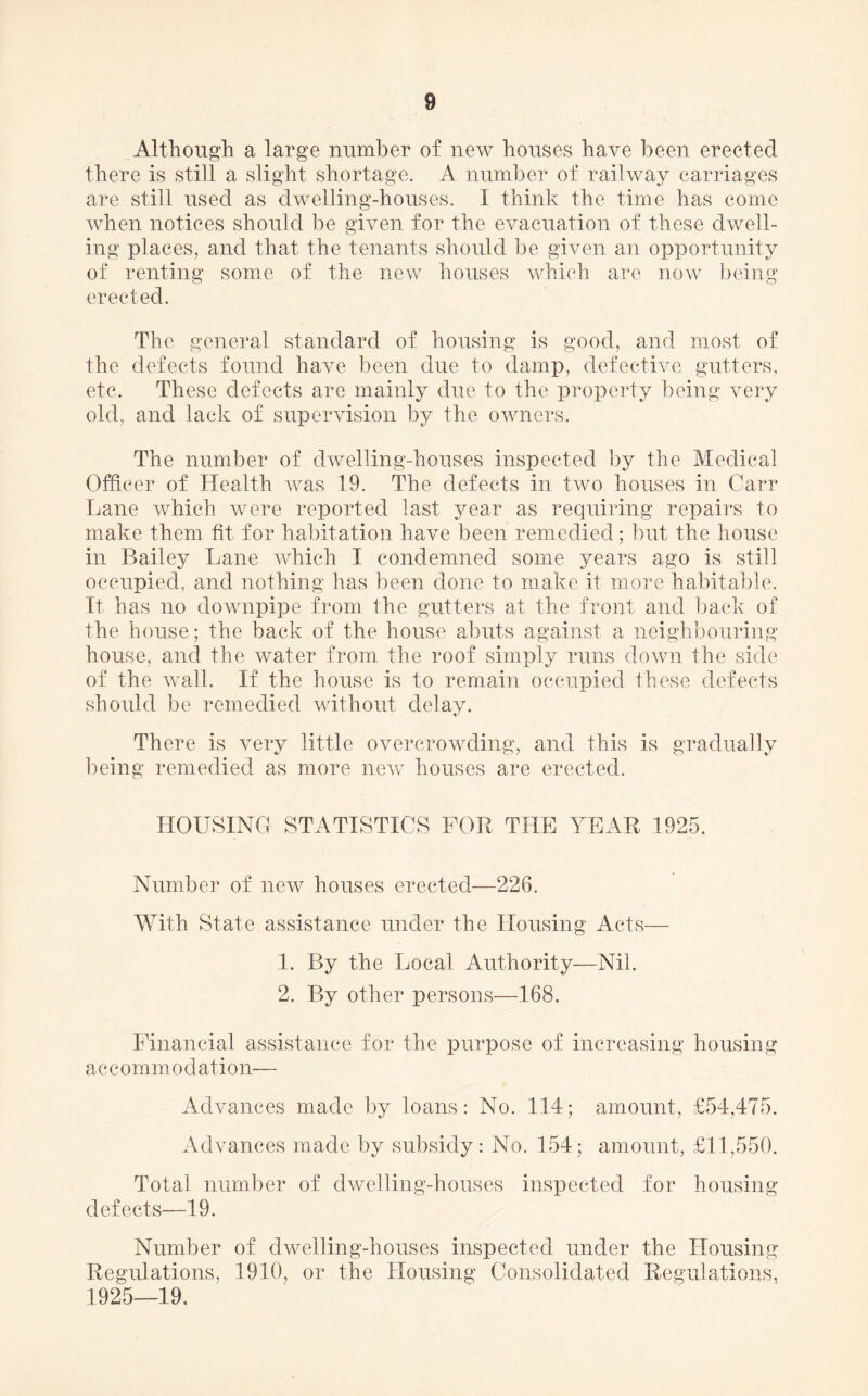 Although a large number of new houses have been erected there is still a slight shortage. A number of railway carriages are still used as dwelling-houses. I think the time has come when notices should be given for the evacuation of these dwell- ing places, and that the tenants should be given an opportunity of renting some of the new houses which are now being erected. The general standard of housing is good, and most of the defects found have been due to damp, defective gutters, etc. These defects are mainly due to the property being very old, and lack of supervision by the owners. The number of dwelling-houses inspected by the Medical Officer of Health was 19. The defects in two houses in Carr Lane which were reported last year as requiring repairs to make them tit for habitation have been remedied; but the house in Bailey Lane which I condemned some years ago is still occupied, and nothing has been done to make it more habitable. It has no downpipe from the gutters at the front and back of the house; the back of the house abuts against a neighbouring house, and the water from the roof simply runs down the side of the wall. If the house is to remain occupied these defects should be remedied without delay. There is very little overcrowding, and this is gradually being remedied as more new houses are erected. HOUSING STATISTICS FOR THE YEAR 1925. Number of new houses erected—226. With State assistance under the Housing Acts— 1. By the Local Authority—Nil. 2. By other persons—168. Financial assistance for the purpose of increasing housing a c c o m m o d a t i o n— Advances made by loans: No. 114; amount, £54,475. Advances made by subsidy: No. 154; amount, £11,550. Total number of dwelling-houses inspected for housing defects—19. Number of dwelling-houses inspected under the Housing Regulations, 1910, or the Housing Consolidated Regulations, 1925—19.