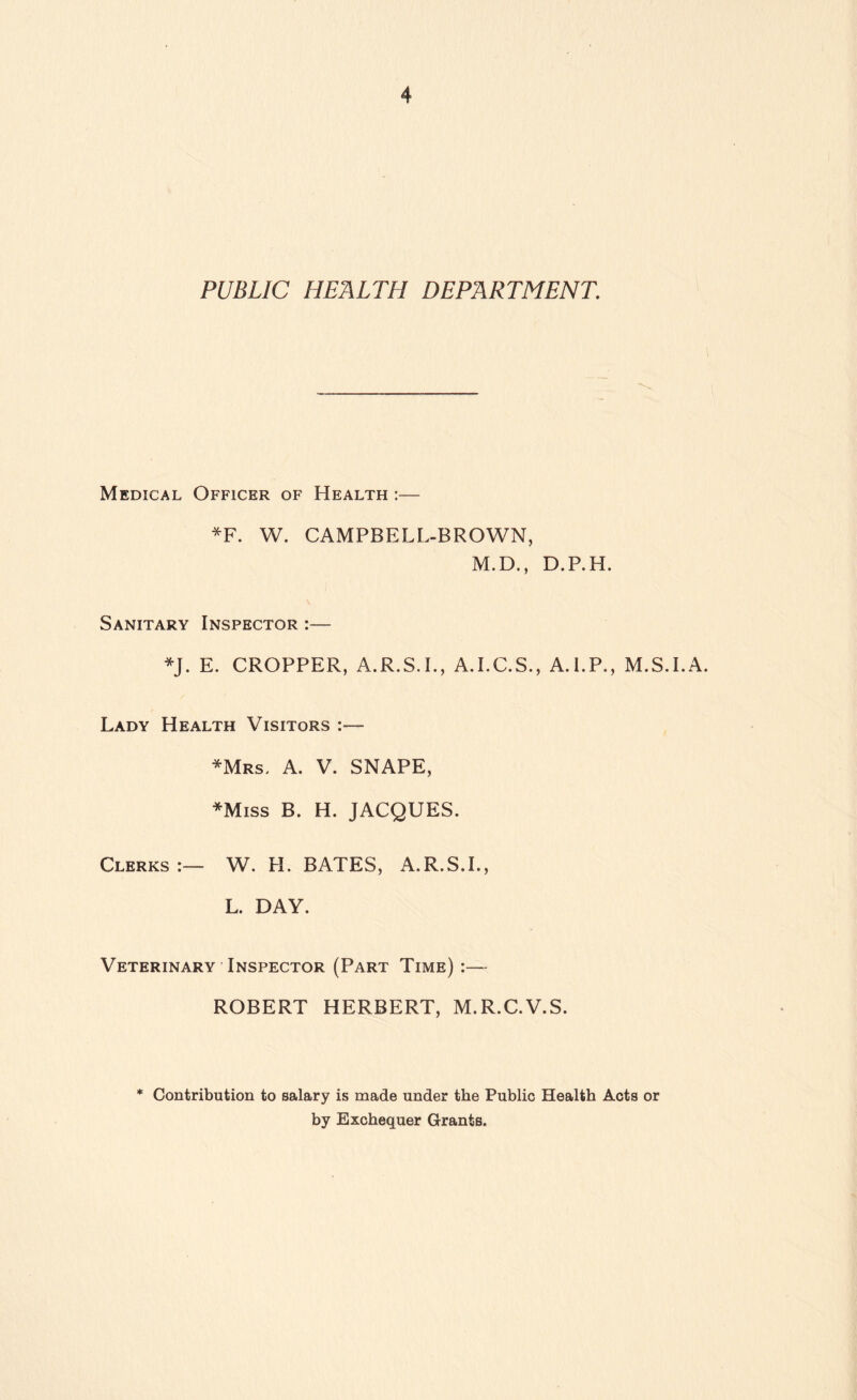 PUBLIC HEALTH DEPARTMENT Medical Officer of Health :— *F. W. CAMPBELL-BROWN, M.D., D.P.H. Sanitary Inspector :— *J. E. CROPPER, A.R.S.I., A.I.C.S., A.I.P., M.S.I.A. Lady Health Visitors :— *Mrs, A. V. SNAPE, *Miss B. H. JACQUES. Clerks:— W. H. BATES, A.R.S.I., L. DAY. Veterinary Inspector (Part Time) :— ROBERT HERBERT, M.R.C.V.S. * Contribution to salary is made under the Public Health Acts or by Exchequer Grants.