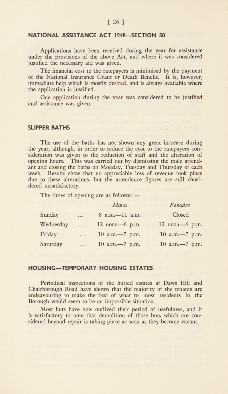 NATIONAL ASSISTANCE ACT 1948—SECTION 50 Applications have been received during the year for assistance under the provisions of the above Act, and where it was considered justified the necessary aid was given. The financial cost to the ratepayers is minimised by the payment of the National Insurance Grant or Death Benefit. It is, however, immediate help which is mostly desired, and is always available where the application is justified. One application during the year was considered to be justified and assistance was given. SLIPPER BATHS The use of the baths has not shown any great increase during the year, although, in order to reduce the cost to the ratepayers con- sideration was given to the reduction of staff and the alteration of opening hours. This was carried out by dismissing the male attend- ant and closing the baths on Monday, Tuesday and Thursday of each week. Results show that no appreciable loss of revenue took place due to these alterations, but the attendance figures are still consi- dered unsatisfactory. The times of opening are as follows: — Males Sunday Wednesday Friday Saturday 8 a.m.-—11 a.m. 12 noon—6 p.m. 10 a.m.—7 p.m. 10 a.m.—7 p.m. Females Closed 12 noon—6 p.m. 10 a.m.—7 p.m. 10 a.m.'—7 p.m. HOUSING—TEMPORARY HOUSING ESTATES Periodical inspections of the hutted estates at Daws Hill and Chairborough Road have shown that the majority of the tenants are endeavouring to make the best of what to most residents in the Borough would seem to be an impossible situation. Most huts have now outlived their period of usefulness, and it is satisfactory to note that demolition of those huts which are con- sidered beyond repair is taking place as soon as they become vacant.