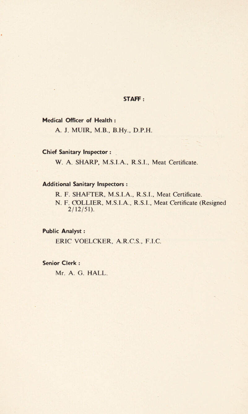 STAFF: Medical Officer of Health : A. J. MUIR, M.B., B.Hy., D.P.H. Chief Sanitary Inspector : W. A. SHARP, M.S.I.A., R.S.I., Meat Certificate. Additional Sanitary Inspectors : R. F. SHAFTER, M.S.I.A., R.S.L, Meat Certificate. N. F. COLLIER, M.S.I.A., R.S.I., Meat Certificate (Resigned 2/12/51). Public Analyst: ERIC VOELCKER, A.R.C.S., F.I.C Senior Clerk : Mr. A. G. HALL.