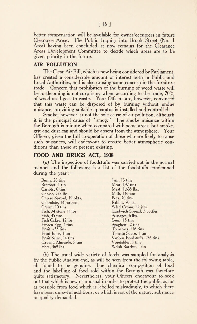 better compensation will be available for owner/occupiers in future Clearance Areas. The Public Inquiry into Brook Street (No. 1 Area) having been concluded, it now remains for the Clearance Areas Development Committee to decide which areas are to be given priority in the future. AIR POLLUTION The Clean Air Bill, which is now being considered by Parliament, has created a considerable amount of interest both in Public and Local Authorities, and is also causing some concern in the furniture trade. Concern that prohibition of the burning of wood waste will be forthcoming is not surprising when, according to the trade, 70% of wood used goes to waste. Your Officers are, however, convinced that this waste can be disposed of by burning without undue nuisance, providing suitable apparatus is installed and controlled. Smoke, however, is not the sole cause of air pollution, although it is the principal cause of “ smog.” The smoke nuisance within the Borough is minute when compared with some areas, but smoke, grit and dust can and should be absent from the atmosphere. Your Officers, given the full co-operation of those who are likely to cause such nuisances, will endeavour to ensure better atmospheric con- ditions than those at present existing. FOOD AND DRUGS ACT, 1938 (a) The inspection of foodstuffs was carried out in the normal manner and the following is a list of the foodstuffs condemned during the year :— Beans, 28 tins Beetroot, 1 tin Carrots, 6 tins Cheese, 578 lbs. Cheese Spread, 19 pkts. Chocolate, 14 cartons Cream, 10 tins Fish, 34 stone 11 lbs. Fish, 45 tins Fish Cakes, 12 lbs. Frozen Egg, 4 tins Fruit, 453 tins Fruit Juice, 1 tin Fruit Salad, 14 tins Ground Almonds, 5 tins Ham, 369 lbs. Jam, 13 tins Meat, 197 tins Meat, 1,638 lbs. Milk, 146 tins Peas, 70 tins Rabbit, 70 lbs. Salad Cream, 24 jars Sandwich Spread, 3 bottles Sausages, 6 lbs. Soup, 15 tins Spaghetti, 2 tins Tomatoes, 216 tins Tomato Sauce, 1 tm Various Foodstuffs, 236 tins Vegetables, 5 tins Welsh Rarebit, 1 tin (b) The usual wide variety of foods was sampled for analysis by the Public Analyst and, as will be seen from the following table, all found to be genuine. The chemical composition of food and the labelling of food sold within the Borough was therefore quite satisfactory. Nevertheless, your Officers endeavour to seek out that which is new or unusual in order to protect the public as far as possible from food which is labelled misleadingly, to which there have been unlawful additions, or which is not of the nature, substance or quality demanded.