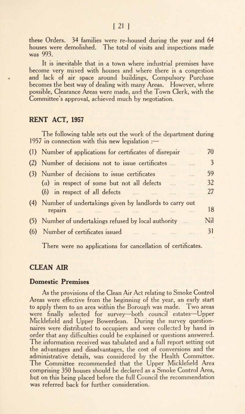 these Orders. 34 families were re-housed during the year and 64 houses were demolished. The total of visits and inspections made was 993. It is inevitable that in a town where industrial premises have become very mixed with houses and where there is a congestion and lack of air space around buildings, Compulsory Purchase becomes the best way of dealing with many Areas. However, where possible, Clearance Areas were made, and the Town Clerk, with the Committee’s approval, achieved much by negotiation. RENT ACT, 1957 The following table sets out the work of the department during 1937 in connection with this new legislation :— (1) Number of applications for certificates of disrepair .... 70 (2) Number of decisions not to issue certificates .... .... 3 (3) Number of decisions to issue certificates .... .... 59 (a) in respect of some but not all defects .... .... 32 (b) in respect of all defects .... .... .... ... 27 (4) Number of undertakings given by landlords to carry out repairs 18 (5) Number of undertakings refused by local authority .... Nil (6) Number of certificates issued ... .... 31 There were no applications for cancellation of certificates. CLEAN AIR Domestic Premises As the provisions of the Clean Air Act relating to Smoke Control Areas were effective from the beginning of the year, an early start to apply them to an area within the Borough was made. Two areas were finally selected for survey—-both council estates—Upper Micklefield and Upper Bowerdean. During the survey question- naires were distributed to occupiers and were collected by hand m order that any difficulties could be explained or questions answered. The information received was tabulated and a full report setting out the advantages and disadvantages, the cost of conversions and the administrative details, was considered by the Health Committee. The Committee recommended that the Upper Micklefield Area comprising 330 houses should be declared as a Smoke Control Area, but on this being placed before the full Council the recommendation was referred back for further consideration.