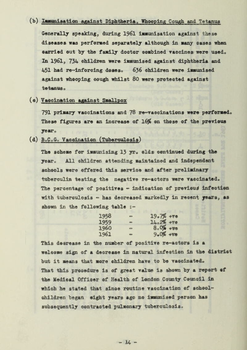(b) TMianlaatitti ajoinst Diphtb»ri»o Whooping Coxmh and Tgtanua Generallj speaking^ during I96I iMunisation against th«s® diseases was performed separately although in many ®ases when aarried out by the family doctor combined waccines were usedo In 1961 j, 754 children were immunised against diphtheria and 431 bad re°°inforclng deaeso 636 children were immunised against whooping couj^ whilst 80 were protected against tetanuso (o) Yaocinmtion against Smallpox 791 primary waccinations and 78 re°»Ta®cinations were performed® These figures are an Increase of 16^ on those of the previous year® (d) BeCoSo Vaccination (Tuberculosis) The scheme for immunising 13 yr® olds continued during the year® All children attending maintained and independent schools were offered this seervice and after preliminaiy tuberculin testing the negative redactors were vaccinated® The percentage of positives - indication ®f previous infection with tuberc\ilosis “ has decreased markedly in recent years p as shown in the following table §■= 19o7% +ve 14o2^ +ve 8o0^ +^e 9.^ +VW 1938 1959 1960 1961 This decrease in the number of positive re<°actor8 is a welcome sign ©f a decrease in natural infection in the district but it means that more children have to be vaccinated® That this procedure is of great value is shown by a report of the Medical Officer of Health of London County Council in which he stated that sinoe routine vaccination of school ehildren began eight yeiurs ago no immunised person has subsequently contracted pulmonary tuberculosis®