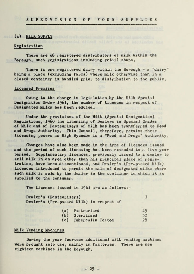 SUPERVISION OF FOOD SUPPLIES (a) MILK SUPPLY Registration There are 48 registered distributors of milk within the Borough, such registrations including retail shops« There is one registered dairy within the Borough a dairy” being a place (excluding farms) where milk otherwise than in a closed container is handled prior to distribution to the public. Licensed Premises Owing to the change in legislation by the Milk Special Designation Order I96I9 the number of Licences in respect of Designated Milks has been reduced» Under the provisions of the Milk (Special Designation) Regulations, I96O the licensing of Dealers in Special Grades of Milk and of Pasteurisers of Milk has been transferred to F®od and Drugs Authorityo This Council, therefore, retains these licensing powers as High Wycombe is a Food and Drugs Authority» Changes have also been made in the type of licences issued and the period of such licensing has been extended to a five year period. Supplementary licences, previously issued to a dealer to sell milk in an area other than his principal place of regis- tration, have been discontinued, and Dealer’s (Pre-packed Milk) Licences introduced to permit the sale of designated milks where such milk is sold by the dealer in the container in which it is supplied to the consumer. The Licences issued in I96I are as follows;- Dealer’s (Pasteurisers) 1 Dealer’s (Pre-packed Milk) in respect of (a) Pasteurised (b) Sterilised (c) Tuberculin Tested 29 32 28 Milk Vending Machines During the year fourteen additional milk vending machines were brought into use, mainly in factories. There are now eighteen machines in the Borough,