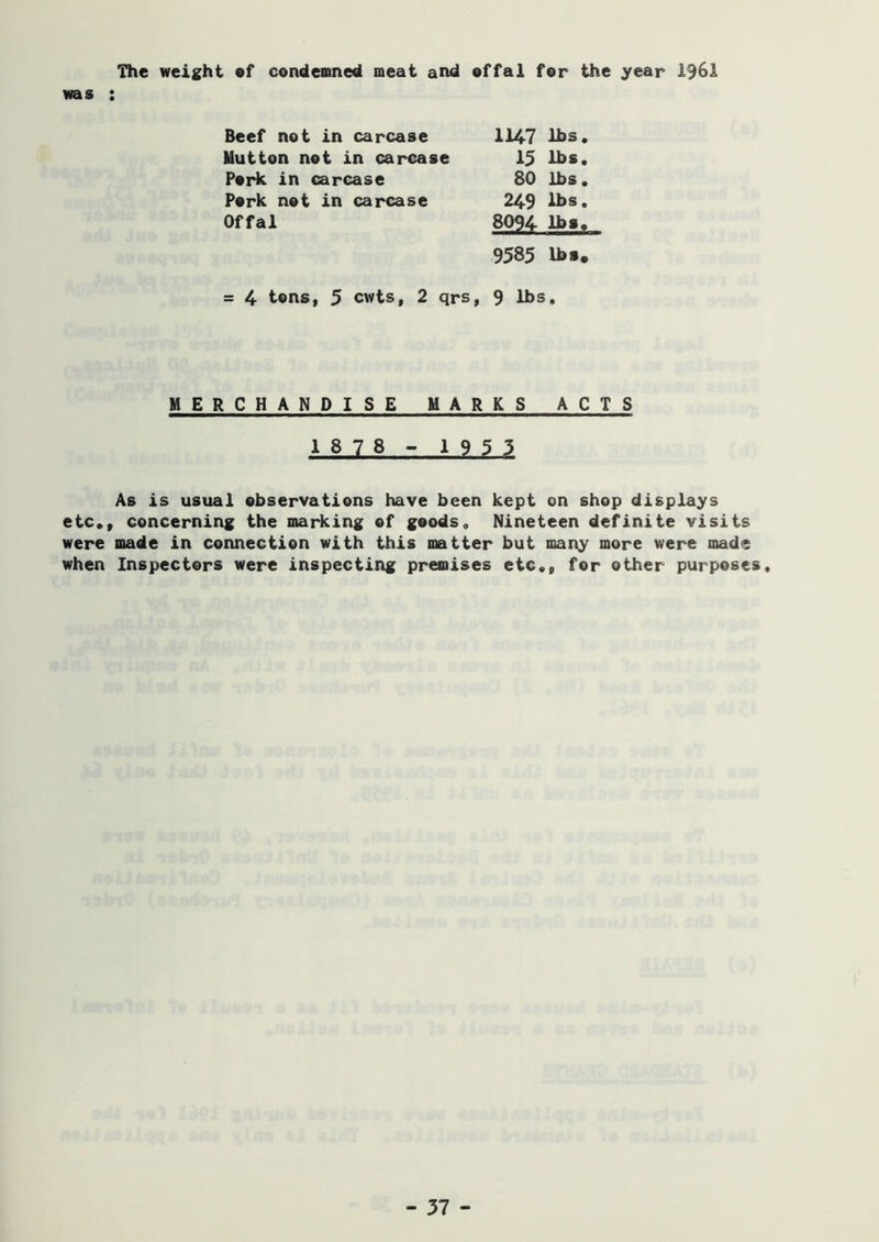 The weight ef condenned meat and effal for the year 196i was : Beef not in carcase 1147 Ihs. Mutton not in carcase 15 lbs, PoHc in carcase 80 lbs. Pork not in carcase 249 lbs. Offal 8094 lbs. 9585 lbs. = 4 tons, 5 cwts, 2 qrs, 9 lbs. MERCHANDISE MARKS ACTS 1878 - 1955 As is usual observations have been kept on shop displays etc., concerning the marking of goods. Nineteen definite visits were made in connection with this matter but many more were made when Inspectors were inspecting premises etc., for other purposes.