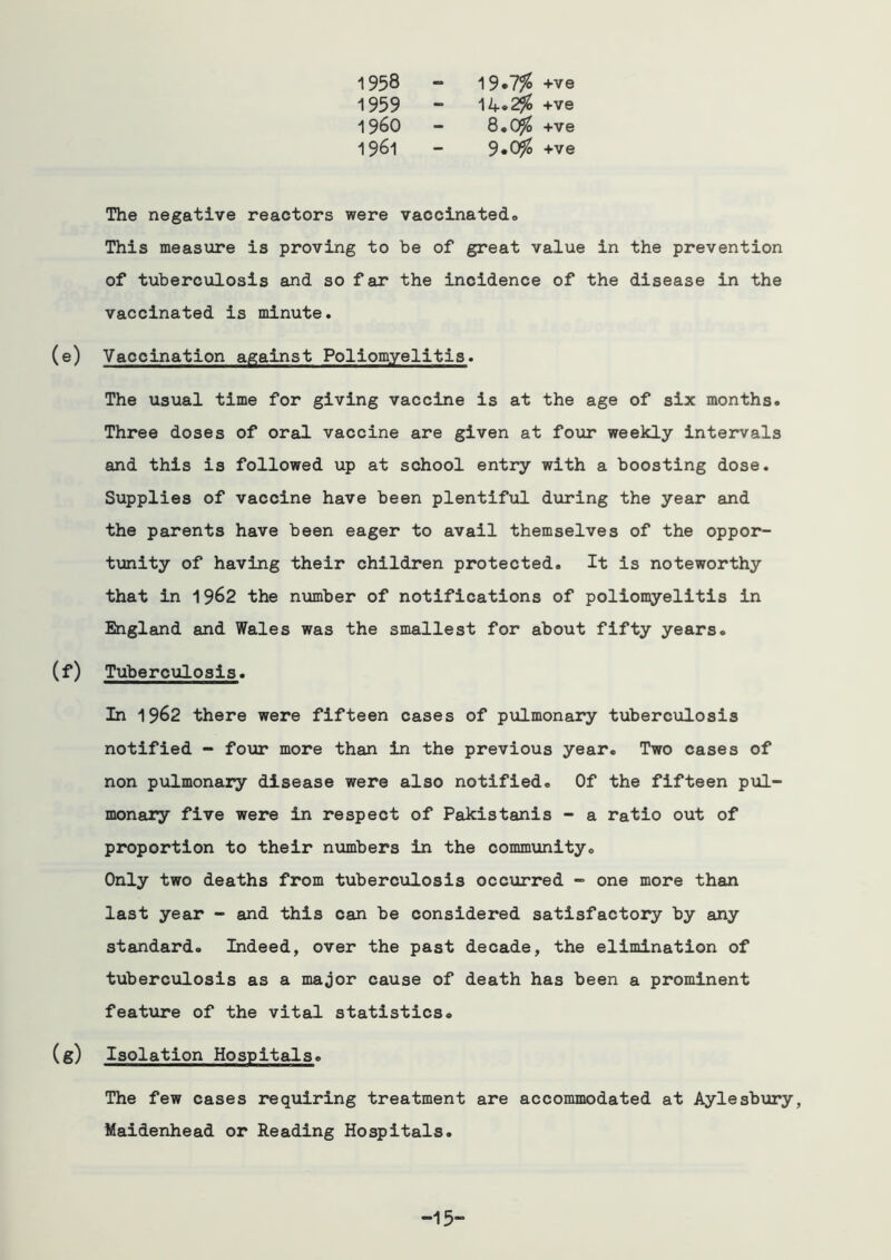 1958 - 19*7?S +ve 1959 - 14*^ +ve i960 - 8.(^ +ve 1961 9.C^ +ve The negative reactors were vaccinatedo This measure is proving to be of great value in the prevention of tuberculosis and so far the incidence of the disease in the vaccinated is minute. (e) Vaccination against Poliomyelitis. The usual time for giving vaccine is at the age of six months. Three doses of oral vaccine are given at four weekly intervals and this is followed up at school entry with a boosting dose. Supplies of vaccine have been plentiful during the year and the parents have been eager to avail themselves of the oppor- tijnity of having their children protected. It is noteworthy that in 1962 the number of notifications of poliomyelitis in England and Wales was the smallest for about fifty years. (f) Tuberculosis. In 1962 there were fifteen cases of pulmonary tuberculosis notified - four more than in the previous year. Two cases of non pulmonary disease were also notified. Of the fifteen pul- monary five were in respect of Pakistanis - a ratio out of proportion to their nximbers in the community. Only two deaths from tuberculosis occurred - one more than last year - and this can be considered satisfactory by any standard. Indeed, over the past decade, the elimination of tuberculosis as a major cause of death has been a prominent feature of the vital statistics. (g) Isolation Hospitals. The few cases requiring treatment are accommodated at Aylesbury, Maidenhead or Reading Hospitals. -15“