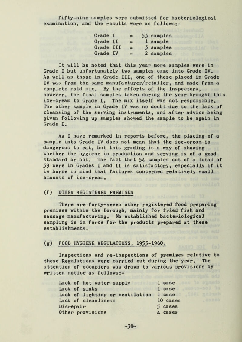 Fifty-nine samples were submitted for bacteriological examination, and the results were as followsj- Grade I Grade II Grade III Grade IV 53 samples 1 sample 3 samples 2 samples It will be noted that this year more samples were in Grade I but unfortunately two samples came into Grade IV. As well as those in Grade III, one of those placed in Grade IV was from the same manufacturer/retailer, and made from a complete cold mix. By the efforts of the Inspectors, however, the final samples taken during the year brought this ice-cream to Grade 1. The mix itself was not responsible. The other sample in Grade IV was no doubt due to the lack of cleansing of the serving instruments, and after advice being given following up samples showed the sample to be again in Grade I. As I have remarked in reports before, the placing of a sample into Grade IV does not mean that the ice-cream is dangerous to eat, but this grading is a way of showing whether the hygiene in production and serving is of a good standard or not. The fact that 54 samples out of a total of 59 were in Grades I and II is satisfactory, especially if it is borne in mind that failures concerned relatively small amounts of ice-cream. (f) OTHER REGISTERED PREMISES There are forty-seven other registered food preparing premises within the Borough, mainly for fried fish and sausage manufacturing. No established bacteriological sampling is in force for the products prepared at these establishments. (g) FOOD HYGIENE REGULATIONS. 1955-1960. Inspections and re-inspections of premises relative to these Regulations were carried out during the year. The attention of occupiers was drawn to various provisions by written notice as follows:- Lack of hot water supply Lack of sinks Lack of lighting or ventilation Lack of cleanliness Disrepair Other provisions 1 case 1 case 1 case 10 cases 5 cases 4 cases -30-
