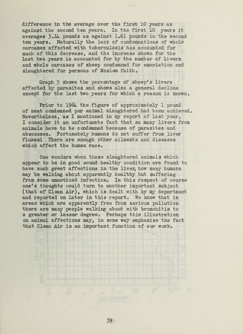difference in the average over the first 10 years as against the second ten years. In the first 10 years it averages 3«1^ pounds as against l,6l pounds in the second ten years. Naturally the lack of condemnations of whole carcases affected with tuberculosis has accounted for much of this decrease, and the increase shown for the last two years is accounted for by the number of livers and whole carcases of sheep condemned for emaciation and slaughtered for persons of Moslem faith. Graph 5 shows the percentage of sheep's livers affected by parasites and shows also a general decline except for the last two years for which a reason is known. Prior to the figure of approximately 1 pound of meat condemned per animal slaughtered had been achieved. Nevertheless, as I mentioned in my report of last year, I consider it an unfortunate fact that so many livers from animals have to be condemned because of parasites and abscesses. Fortunately humans do not suffer from liver flukesl There are enough other ailments and diseases which affect the human race. One wonders when these slaughtered animals which appear to be in good sound healthy condition are found to have such great affections in the liver, how many humans may be walking about apparently healthy but suffering from some unnoticed infection. In this respect of course one's thoughts could turn to another important subject (that of Glean Air), which is dealt with by my department and reported on later in this report. We know that in areas which are apparently free from serious pollution there are many people walking about with bronchitis to a greater or lesser degree. Perhaps this illustration on animal affections may, in some way emphasise the fact that Clean Air is an important function of our work.