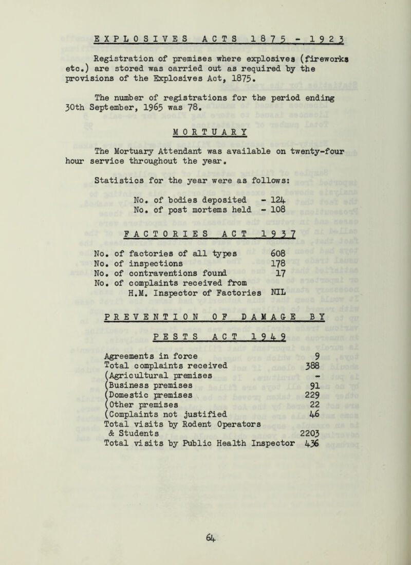 EXPLOSIVES ACTS 1875 - 1923 Registration of premises where explosives (fireworks etc.) are stored was carried out as required hy the provisions of the Explosives Act, 1875* The number of registrations for the period ending 30th September, 19^5 was 78, MORTUARY The Mortuary Attendant was available on twenty-four hour service throughout the year. Statistics for the year were as follows: No, of bodies deposited - 121^. No, of post mortems held - 108 FACTORIES ACT 1937 No, of factories of all types No, of inspections No, of contraventions found No, of complaints received from 608 178 17 H.M. Inspector of Factories NIL P REVENTION OF DAMAG-E BY PESTS ACT 1949 Agreements in force Total complaints received 388 9 (Agricultural premises (Business premises 91 229 22 46 (Domestic premises , (other premises (Complaints not justified Total visits by Rodent Operators & Students Total visits by Public Health Inspector 2203 436