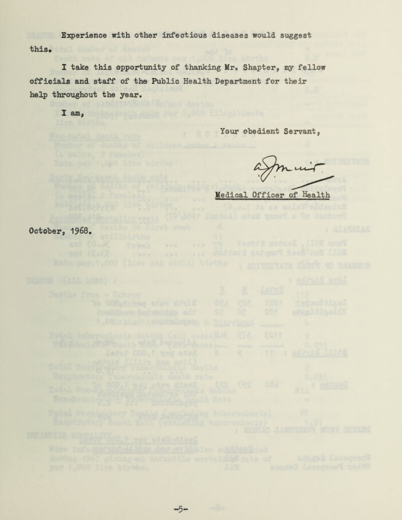 Experience with other infectious diseases would suggest this* I take this opportunity of thanking Mr, Shapter, my fellow officials and staff of the Public Health Department for their help throughout the year. I am. Your obedient Servant, Medical Officer of Health October, 1968, -5-