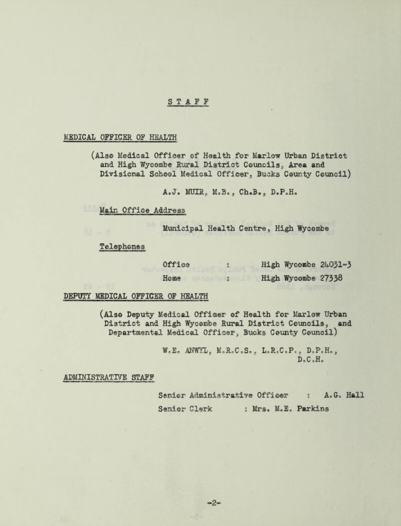 S T A F F MEDICAL OFFICER OF HEALTH (Also Medical Officer of Health for Marlow Urhan District and High Wycombe Rural District Councilsy Area and Divisional School Medical Offioer, Bucks County Council) AecJe MUIR<| MeBo^ Ch«B» ^ DePaH« Main Office Address Municipal Health Centre, High Wycombe Office High Wycombe 2it.031“3 High Wycombe 27338 Home DEPUTY MEDICAL OFFICER OF HEALTH (Also Deputy Medical Offiser of Health for Marlow Urban District and High Wycombe Rural District Councils, and Departmental Medical Officer, Bucks County Council) WeEe •Al'TWYl, MoRoCoSo, LeRjCePs, DcPoHa, DoC.Hc ADMINISTRATHTE STAFF Senior Administrative Officer AoG, Hall Senior Clerk g Mrs« MbEo Parkins 2-