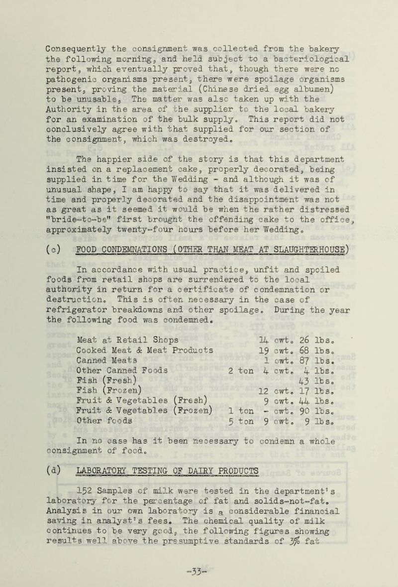 Consequently the consignment was collected from the bakery the following morningj, and held subject to a bacteriological report, which eventually proved that, though there were no pathogenic organisms present, there were spoilage organisms present, proving the material (Chinese dried egg albumen) to be unusable, The matter was alsc taken up with the Authority in the area of the supplier to the local bakery for an examination of the bulk supplyo This report did not conclusively agree with that supplied for our section of the consignment, which was destroyed. The happier side of the story is that this department insisted on a replacement cake, properly decorated, being supplied in time for the Wedding - and although it was of unusual shape, I am happy to say that it was delivered in time and properly decorated and the disappointment was not as great as it seemed it woiHd be when the rather distressed ”bride“t0“b6” first brought the offending cake to the office, approximately twenty^four hc\irs before her Wedding. (c) FOOD CONDEMNATIONS (OTHER THAN MEAT AT SLAU&HTERHOUSE) In accordance with usual practice, unfit and spoiled foods from retail shops are surrendered to the local authority in return for a certificate of condemnation or destruction. This is often necessary in the case of refrigerator breaMowns and other spoilage. During the year the following food was condemned. Meat at Retail. Shops Cooked Meat & Meat Products Canned Meats Other Canned Foods Fish (Fresh) Fish (Frozen) Fruit & Vegetables (Fresh) Fruit & Vegetables (Frozen) Other foods 14 cwt 0 26 lbs 19 cwt. 68 lbs cwt. 87 lbs 2 ton 4 cwt. 4 lbs 43 lbs 12 cwt. 17 lbs 9 cwt. , 44 lbs 1 ton - cwt. 90 lbs 5 ton 9 cwt. 9 lbs In no case has it been necessary to condemn a whole consignment of food. (d) LABQRATOEir TESTING OF DAIRY PRODUCTS 152 Samples cf milk were tested in the department’s laboratory for the percentage of fat and solids^not-fat. Analysis in our own laborato:ry is a considerable financial saving in analyst’s fees. The chemical quality of milk continues to be very good, the following figures showing results well above the presumptive standards of 3% fat ■33