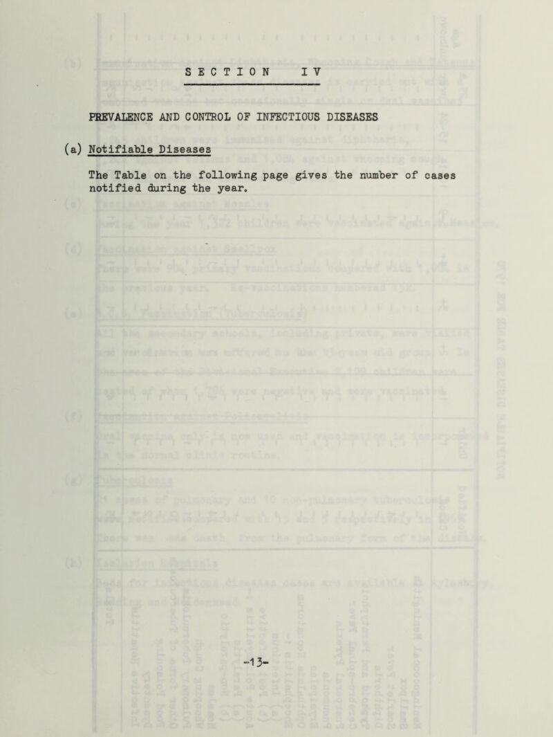 PREVALENCE AND CONTROL OF INFECTIOUS DISEASES (a) Notifiable Diseases The Table on the following page gives the number of cases notified during the year. -13-