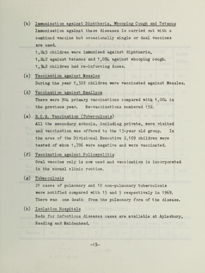 (b) Immunisation against Diphtheria;, Whooping Cough and Tetanus Immunisation against these diseases is carried out with a combined vaccine but occasionally single or dual vaccines are used, 1,24-5 children were immunised against diphtheria, 1,242 against tetanus and 1,084 against whooping cough,, 1,342 children had re-inforcing dose3„ (c) Vaccination against Measles During the year 1,322 children were vaccinated against Measles. (d) Vaccination against Smallpox There were 904 primary vaccinations compared with 1,004 in the previous year. Re-vaccinations numbered 152. (e) B. C.G-. Vaccination (Tuberculosis) All the secondary schools, including private, were visited and vaccination was offered to the 13-year old group. In the area of the Divisional Executive 2,109 children were tested of whom 1,786 were negative and were vaccinated. (f) Vaccination against Poliomyelitis Oral vaccine only is now used and vaccination is incorporated in the normal clinic routine. (g) Tuberculosis 21 cases of pulmonary and 10 non-pulmonary tuberculosis were notified compared with 15 and 5 respectively in 1969. There was one death from the pulmonary form of the disease. (h) Isolation Hospitals Beds for infectious diseases cases are available at Aylesbury, Reading and Maidenhead. -IS-