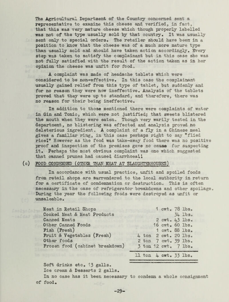 The Agricultural Department of the Country concerned sent a representative to examine this cheese and verified, in fact, that this was very mature cheese which though properly labelled was not of the type usually sold by that country. It was usually sent only to special orders. The retailer should have been in a position to know that the cheese was of a much more mature type than usually sold and should have taken action accordingly. Every step was taken to satisfy the complainant but in this case she was not fully satisfied with the result of the action taken as in her opinion the cheese was unfit for food. A complaint was made of headache tablets which were considered to be non-effective. In this case the complainant usually gained relief from this type of tablet, but suddenly and for no reason they were now ineffective. Analysis of the tablets proved that they were up to standard, and therefore, there was no reason for their being ineffective. (c) In addition to those mentioned there were complaints of water in Gin and Tonic, which were not justified,; that sweets blistered the mouth when they were eaten. Though very warily tested in the department, no blistering was effected and analysis proved no deleterious ingredient. A complaint of a fly in a Chinese meal gives a familiar ring, in this case perhaps right to say flied ricel However as the food was take-away food there was no positive proof and inspection of the premises gave no cause for suspecting it. Perhaps the most obvious complaint was one which suggested that canned prunes had caused diarrhoea*. I FOOD CONDEMNED ( OTHER THAN MEAT AT In accordance with usual practice, unfit and spoiled foods from retail shops are surrendered to the local authority in return for a certificate of condemnation or destruction. This is often necessary in the case of refrigerator breakdowns and other spoilage. During the year the following foods were destroyed as unfit or unsaleable. Meat in Retail Shops 1 cwt. 78 lbs Cooked Meat & Meat Products 34 lbs Canned Meats 2 cwt. 43 lbs Other Canned Foods 16 cwt. 6o lbs Fish (Fresh) 1 cwt e 88 Tbs Fruit & Vegetables (Fresh) 4 ton 2 cwt. 20 lbs Other foods 2 ton 7 cwt. 39 lbs Frozen food (cabinet breakdown) 3 ton 12 cwt. 7 lbs 11 ton 4 cwt. 33 lbs, Soft drinks etc. 13 galls. Ice cream & Desserts 2 galls. In no case has it been necessary to condemn a whole consignment of food. -29-