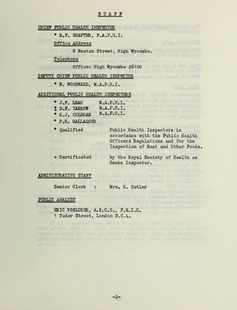 STAFF CHIEF PUBLIC HEALTH INSPECTOR * R.F. SHARPER, F.A.P.H.I. Office Address 8 Easton Street, High Wycombe. Telephone Office: High Wycombe 26100 DEPUTY CHIEF PUBLIC HEALTH INSPECTOR * W. WOODWARD, M.A.P.H.I. ADDITIONAL PUBLIC HEALTH INSPECTORS * J.F. LEAH M.A.P.H.I. % D.F. YARROW M.A.P.H.I. * K.J. COLDHAM M.A.P.H.I. * P.H. GALLAGHER * Qualified + Certificated ADMINISTRATIVE STAFF Senior Clerk PUBLIC ANALYST ERIC VOELCKER, A.R.C.S., F.R.I.C. 1 Tudor Street, London E.C.4. Public Health Inspectors in accordance with the Public Health Officers Regulations and for the Inspection of Meat and Other Foods. by the Royal Society of Health as Smoke Inspector. Mrs. K. Qutler -2-