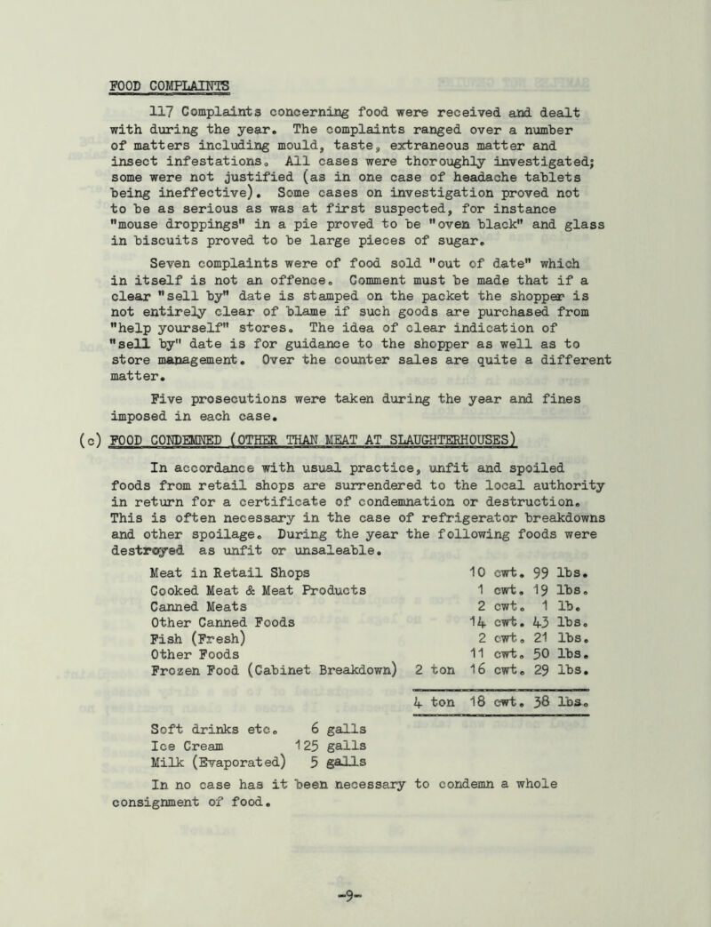 FOOD COMPLAINTS 117 Complaints concerning food were received and dealt with during the year. The complaints ranged over a number of matters including mould, taste, extraneous matter and insect infestations. All cases were thoroughly investigated; some were not justified (as in one case of headache tablets being ineffective). Some cases on investigation proved not to be as serious as was at first suspected, for instance mouse droppings in a pie proved to be oven black and glass in biscuits proved to be large pieces of sugar. Seven complaints were of food sold out of date which in itself is not an offence. Comment must be made that if a clear sell by date is stamped on the packet the shopper is not entirely clear of blame if such goods are purchased from help yourself stores. The idea of clear indication of sell by date is for guidance to the shopper as well as to store management. Over the counter sales are quite a different matter. Five prosecutions were taken during the year and fines imposed in each case. (c) FOOD COMJEMUED (OTHER THAN MEAT AT SLAUGHTERHOUSES) In accordance with usual practice, unfit and spoiled foods from retail shops are surrendered to the local authority in return for a certificate of condemnation or destruction. This is often necessary in the case of refrigerator breakdowns and other spoilage. During the year the following foods were destroyed as unfit or unsaleable. Meat in Retail Shops Cooked Meat & Meat Products Canned Meats Other Canned Foods Fish (Fresh) Other Foods Frozen Food (Cabinet Breakdown) 10 cwt. 99 lbs. 1 cwt. 19 lbs. 2 cwt. 1 lb. 14 cwt. 43 lbs. 2 cwt. 21 lbs. 11 cwt. 50 lbs. 2 ton 16 cwt. 29 lbs. 4 ton 18 cwt. 38 lbs. Soft drinks etc. 6 galls Ice Cream 1 25 galls Milk (Evaporated) 5 galls In no case has it been necessary to condemn a whole consignment of food. “9”