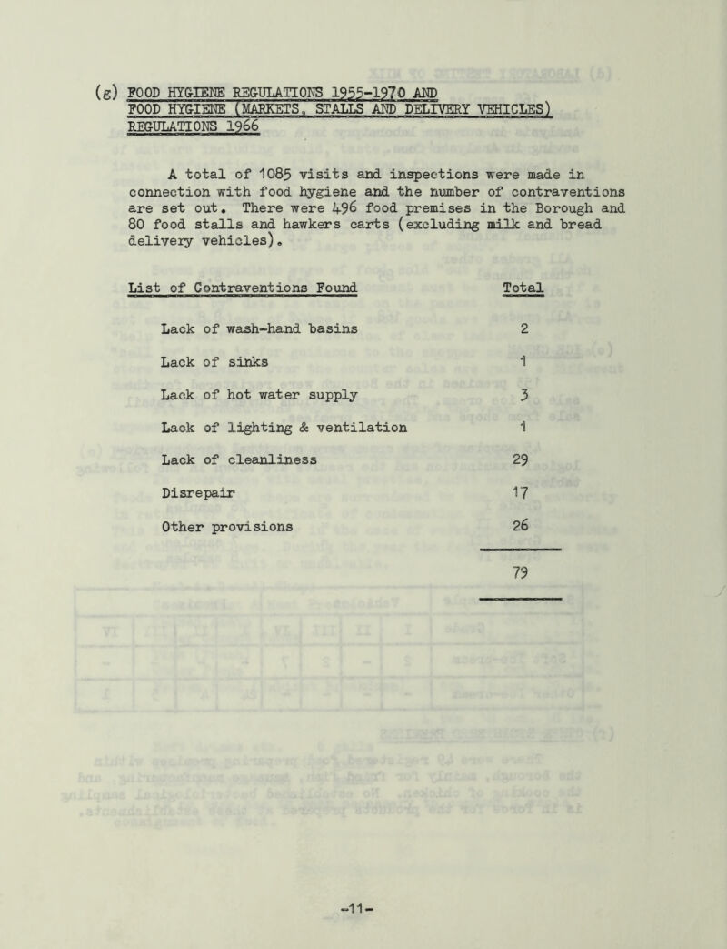 (g) FOOD HYGIENE REGULATIONS 1955-1970 AND FOOD HYGIENE (MARKETS, STALLS AND DELIVERY VEHICLES) REGULATIONS 1966 A total of 1085 visits and inspections were made in connection with food hygiene and the number of contraventions are set out* There were 496 food premises in the Borough and 80 food stalls and hawkers carts (excluding milk and bread delivery vehicles)* List of Contraventions Found Total Lack of wash-hand basins 2 Lack of sinks Lack of hot water supply 3 Lack of lighting & ventilation Lack, of cleanliness 29 Disrepair 17 Other provisions 26 79 -11-