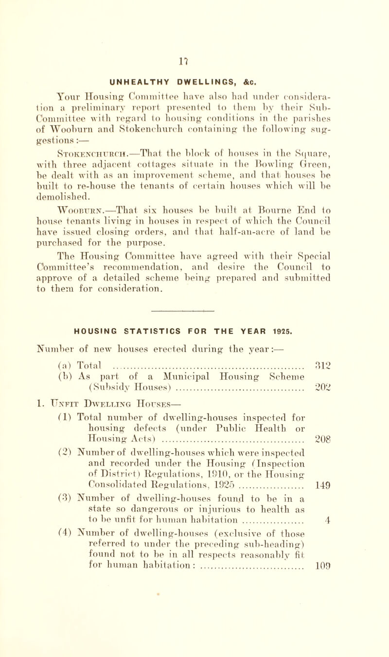 1? UNHEALTHY DWELLINGS, &C. Your Housing Committee have also had under considera- tion a preliminary report presented to them by their Sub- committee with regard to housing conditions in the parishes of Wooburn and Stokeneliurch containing Ihe following sug- gestions :— Stokenchurcii.—That llie block of houses in the Square, with three adjacent cottages situate in the Howling Green, be dealt with as an improvement scheme, and that houses be built to re-house the tenants of certain houses which will be demolished. W ooburn.—That six houses he Guilt at Bourne Eind to house tenants living in houses in respect of which the Council have issued closing orders, and that half-an-aere of land be purchased for the purpose. The Housing Committee have agreed with their Special Committee’s recommendation, and desire the Council to approve of a detailed scheme being prepared and submitted to them for consideration. HOUSING STATISTICS FOR THE YEAR 1925. Number of new houses erected during the year:— (a) Total 312 (b) As part of a Municipal Housing Scheme (Subsidy Houses) 202 1. Unfit Dwelling Houses— (1) Total number of dwelling-houses inspected for housing defects (under Public Health or Housing Acts) 208 (21 Number of dwelling-houses which were inspected and recorded under the Housing (Inspection of District) Regulations, 1910, or the Housing- Consolidated Regulations, 1920 149 (3) Number of dwelling-houses found to be in a state so dangerous or injurious to health as to he unfit for human habitation 4 (4) Number of dwelling-houses (exclusive of those referred to under the preceding sub-heading) found not to be in all respects reasonably fit for human habitation: 109