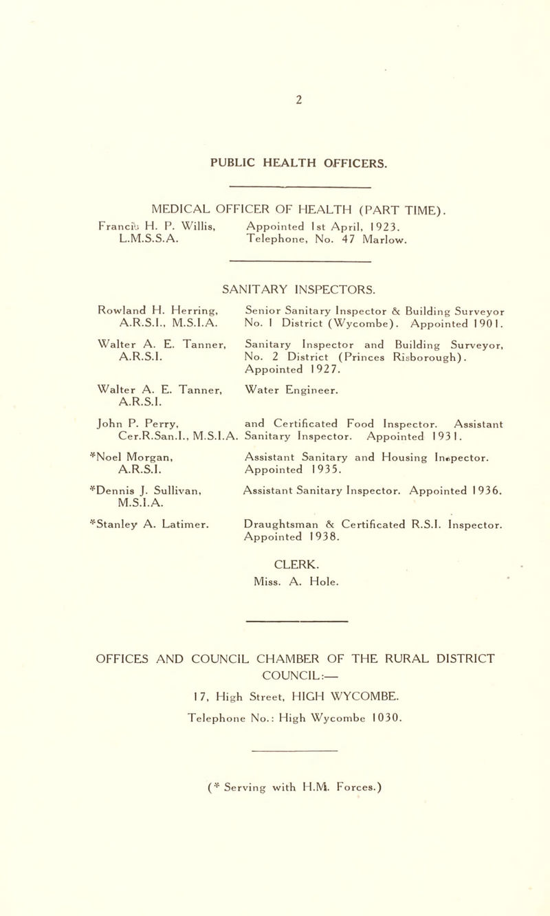 PUBLIC HEALTH OFFICERS. MEDICAL OFFICER OF HEALTH (PART TIME). Francib H. P. Willis, Appointed 1st April, 1923. L.M.S.S.A. Teleph one. No. 47 Marlow. SANITARY INSPECTORS. Rowland H. Herring, A.R.S.I., M.S.I.A. Walter A. E. Tanner, A.R.S.I. Walter A. E. Tanner, A.R.S.I. John P. Perry, Senior Sanitary Inspector & Building Surveyor No. 1 District (Wycombe). Appointed 1901. Sanitary Inspector and Building Surveyor, No. 2 District (Princes Risborough) . Appointed 1927. Water Engineer. and Certificated Food Inspector. Assistant Cer.R.San.I., M.S.I.A. Sanitary Inspector. Appointed 1931. *Noel Morgan, A.R.S.I. ^Dennis J. Sullivan, M.S.I.A. ^Stanley A. Latimer. Assistant Sanitary and Housing Inspector. Appointed 1935. Assistant Sanitary Inspector. Appointed 1936. Draughtsman 6c Certificated R.S.I. Inspector. Appointed 1938. CLERK. Miss. A. Hole. OFFICES AND COUNCIL CHAMBER OF THE RURAL DISTRICT COUNCIL:— I 7, High Street, HIGH WYCOMBE. Telephone No.: High Wycombe 1030. (* Serving with H.M. Forces.)