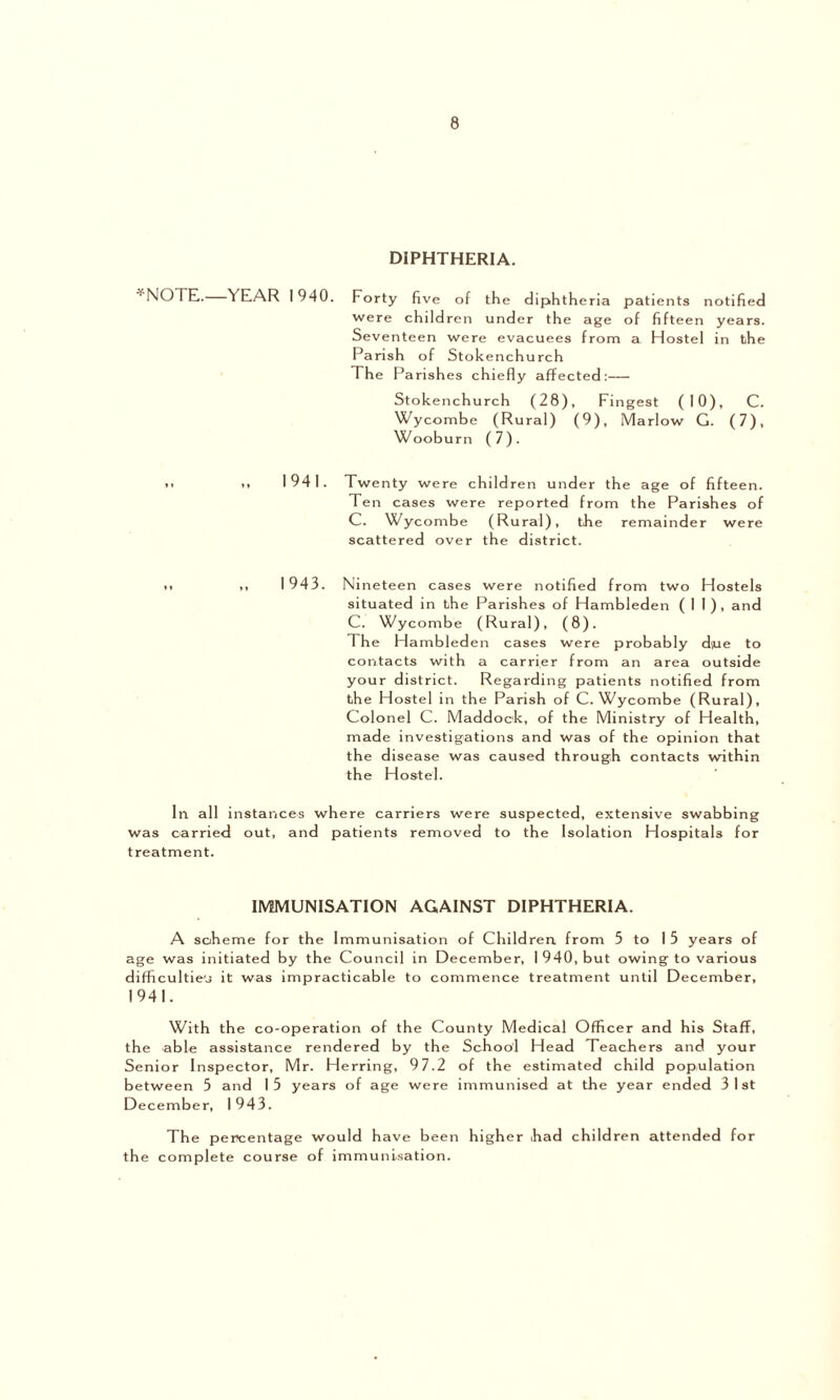 DIPHTHERIA. *NOTE. YEAR 1940. Forty five of the diphtheria patients notified were children under the age of fifteen years. Seventeen were evacuees from a Hostel in the Parish of Stokenchurch The Parishes chiefly affected:— Stokenchurch (28), Fingest (10), C. Wycombe (Rural) (9), Marlow G. (7), Wooburn ( 7) . • . .t 1941. Twenty were children under the age of fifteen. Ten cases were reported from the Parishes of C. Wyc ombe (Rural), the remainder were scattered over the district. • • ,, 1943. Ninete en cases were notified from two Hostels situated in the Parishes of Hambleden (II), and C. Wycombe (Rural), (8). The Hambled en cases were probably dsue to contacts with a carrier from an area outside your district. Regarding patients notified from the Hostel in the Parish of C. Wycombe (Rural), Colonel C. Maddock, of the Ministry of Health, made investigations and was of the opinion that the disease was caused through contacts within the Hostel. In all instances where carriers were suspected, extensive swabbing was carried out, and patients removed to the Isolation Hospitals for treatment. IMMUNISATION AGAINST DIPHTHERIA. A soheme for the Immunisation of Children from 3 to 1 5 years of age was initiated by the Council in December, I 940, but owing to various difficulties it was impracticable to commence treatment until December, 1941. With the co-operation of the County Medical Officer and his Staff, the able assistance rendered by the School Head Teachers and your Senior Inspector, Mr. Herring, 9 7.2 of the estimated child population between 5 and 15 years of age were immunised at the year ended 31st December, 1943. The percentage would have been higher ihad children attended for the complete course of immunisation.