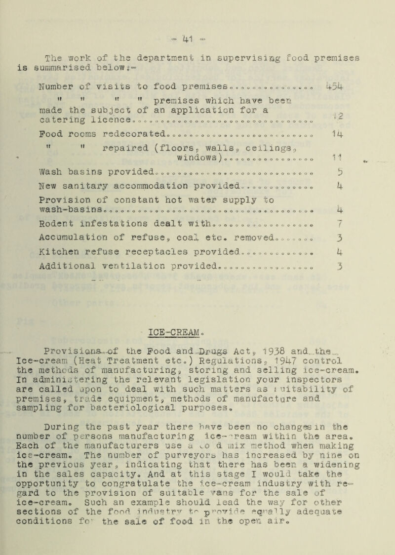 The work of the departraent in supervising food premises is summarised below Number of visixis to food premises '*  ” premises which have been made the subject of an application for a catering licenoeo o o ^ o o o o <> o o o o o o o o o o o Pood rooms redecorated It ti o o o « o o oooooooooooo ^oooooooooooooooooooo o <* o o repaired (floors^. wallSj, ceilings^ WindOWS^OOOOOOOOOOOOOOOO ooooooooo oaooooooooouooocoo oaoooooooo Wash basins providedo New/ sanitary accommodation provided Provision of constant hot water supply to W a slfl^^b CXSintSeOOOOOOOUOOOOOOOOOOOOOOOOOOOOOOOOOOUd Rodent infestations dealt witho«»«««o.. o <, o«o«o o« o Accumulation of refuses coal, etc. removedo <. o o«. o Kitchen refuse receptacles provided, oo c, c,«o o«o. o« Additional ventilation provided, • e o o o o a o o o 454 14 5 4 4 7 3 4 3 ICE-CREAMo Provisians^^of the Pood and ..Drugs Act^ 1938 arid..the„.. Ice-cream (Heat, Treatment etCo) Regulationsj, 1947 control the methods of manufacturings storing and selling ice-cream. In administering the relevant legislation your inspectors are called upon to deal with such matters as / uitability of premises^ trade equipments, methods of manufacture and sampling for bacteriological purposes. During the past year there have been no changes in the number of persons manufacturing Ice-'^ream within the area. Each of the manufacturers use a d iiiix method when making ice-cream. The number of purveyor^ has increased by nine on the previous year., indicating that there has been a widening in the sales capacity. And at this stage I would take the opportunity to congratulate the ice-cream industry with re-^ gard to the provision of suitable vans for the sale of ice-cream. Such an example should lead the way for other sections of the food 1 ndnstr-''' p>”oTi^ide equally adequate conditions fo' the sale of food io the open air.