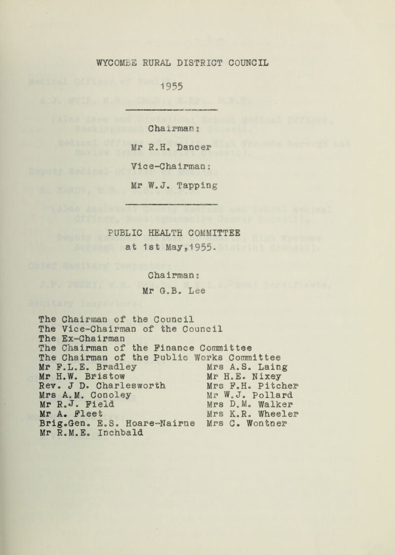 WYCOMBE RURAL DISTRICT COUNCIL 1955 Chairmans Mr R„Ho Dancer Vice-Chairman: Mr W0J. Tapping PUBLIC HEALTH COMMITTEE at 1st May .,1955. Chairman ; Mr G„B. Lee The Chairman of the Council The Vice-Chairman of the Council The Ex-Chairman The Chairman of the Finance Committee The Chairman of the Public Works Committee Mr F.L.E. Bradley Mrs A.S. Laing Mr H.W. Bristow Mr H.E. Nixey Rev. J D. Charlesworth Mrs F.H« Pitcher Mrs A.M. Conoley Mr W„J. Pollard Mr R.tJ. Field Mrs D3M„ Walker Mr A. Fleet Mrs K.R. Wheeler BrigoGen. E.S. Hoare-Nairne Mr R.M.Eo Inchbald Mrs Co Wontner