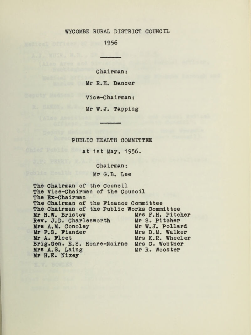 1956 Chairman: Mr R.Ho Dancer Vice-Chairman: Mr W.J. Tapping PUBLIC HEALTH COMMITTEE at 1st May, 1956. Chairman: Mr G.B. Lee The Chairman of the Council The Vice-Chairman of the Council The Ex-Chairman The Chairman of the Finance Committee The Chairman of the Public Works Committee Mr H.W. Bristow Rev, J.D. Charlesworth Mrs A.M. Conoley Mr F.S. Fiander Mr A. Fleet Brig.Gen. E.S. Hoare-Nairne Mrs A.S. Laing Mr H.E. Nixey Mrs F.H. Pitcher Mr S. Pitcher Mr W.J. Pollard Mrs D.M. Walker Mrs K.R. Wheeler Mrs C. Wontner Mr R. Wooster