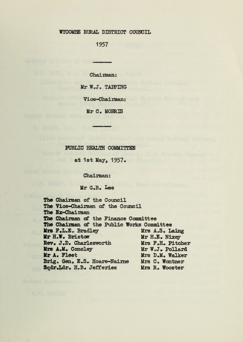 WYCOMBE RURAL DISTRICT COUNCIL 1957 Chairman: MrW.J. TAIPINC Vice-Chairman: Mr C. MORRIS PUBLIC HEALTH COMMITTEE at 1st May, 1957* Chairman: Mr G.B* Lee The Chairman of the Council The Vice-Chairman of the Council The Ex-Chairman The Chairman of the Finance Committee The Chairman of the Public Works Committee Mrs F.L.E- Bradley Mr H.W* Bristow Rev* J.D. Charlesworth Mrs A.M* Conoley Mr A. Fleet Brig. Gen* E.S- Hoare-Nairae Sqdr.Ldr* H.B* Jefferies Mrs A.S* Laing Mr H.E* Nixey Mrs F.H* Pitcher Mr W.J* Pollard Mrs D.M. Walker Mrs C. Wontner Mrs R* Wooster